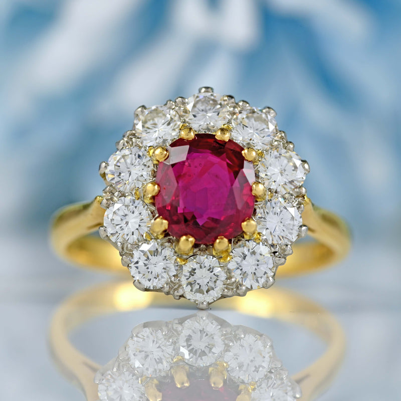 Ellibelle Jewellery Vintage 1994 Ruby & Diamond 18ct Gold Cluster Engagement Ring (1.45cts)