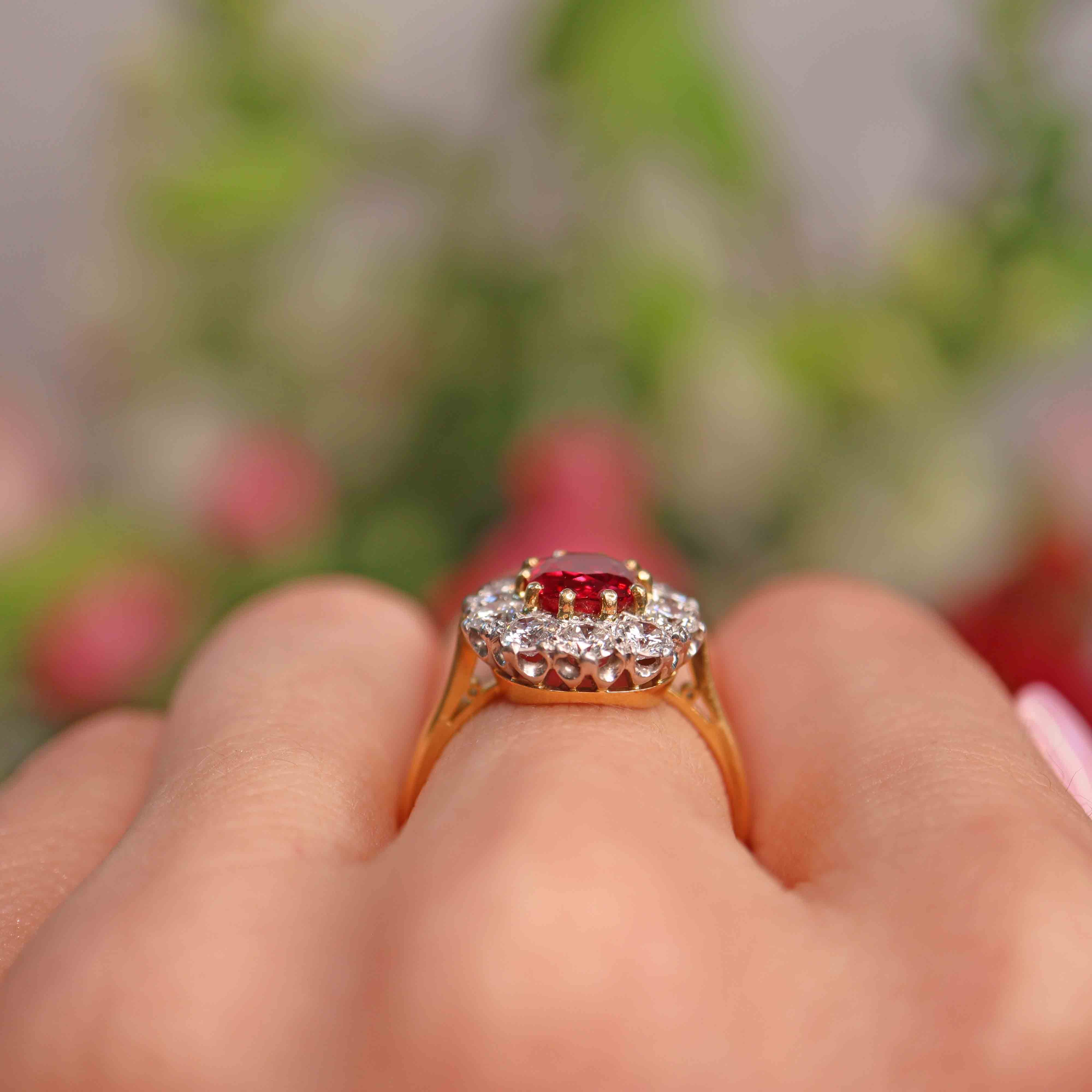 Ellibelle Jewellery Vintage 1994 Ruby & Diamond 18ct Gold Cluster Engagement Ring (1.45cts)