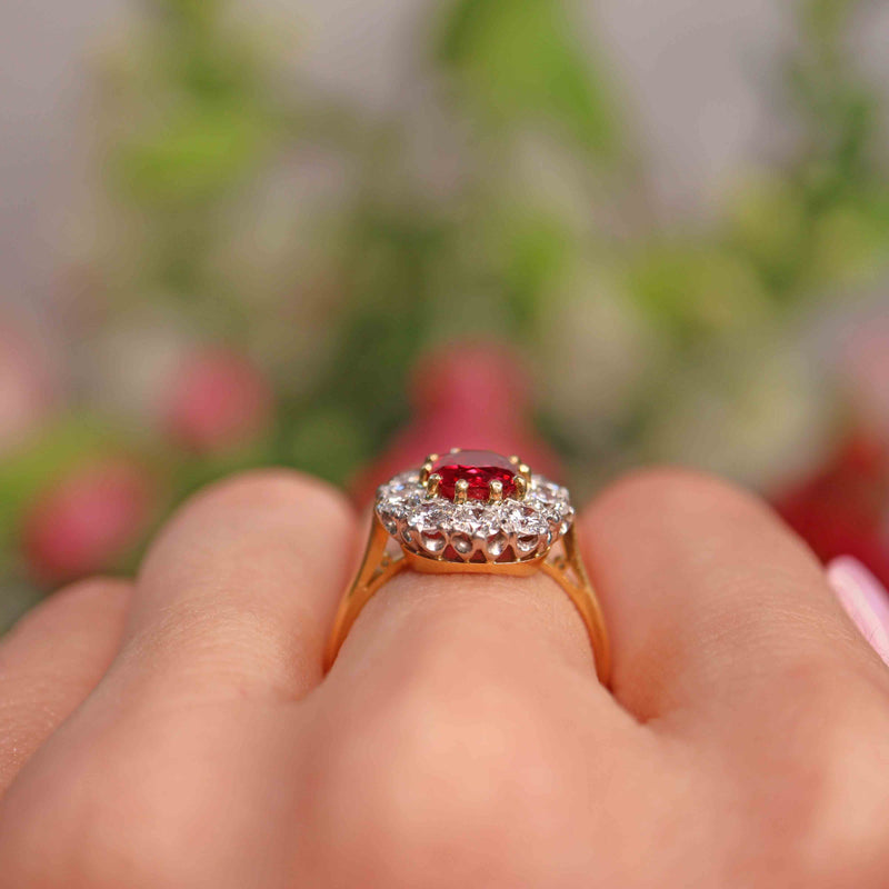 Ellibelle Jewellery Vintage 1994 Ruby & Diamond 18ct Gold Cluster Engagement Ring (1.45cts)