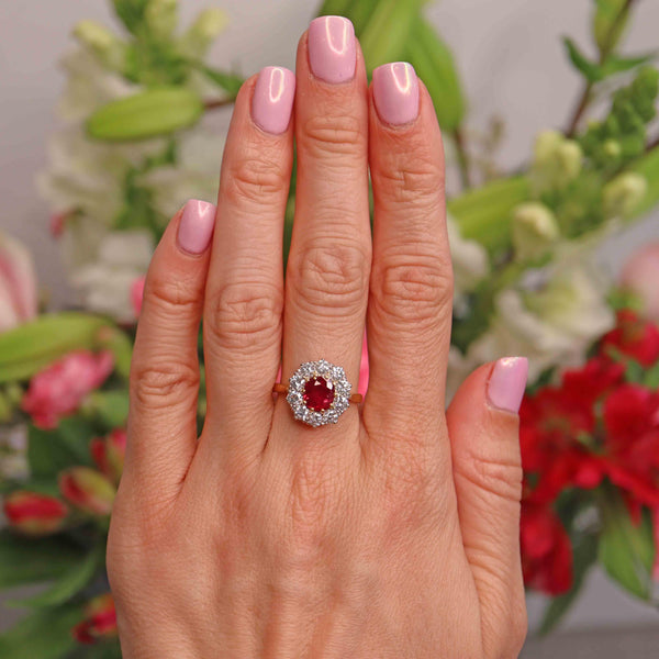 Ellibelle Jewellery Vintage 1994 Ruby & Diamond 18ct Gold Cluster Engagement Ring (1.45cts)