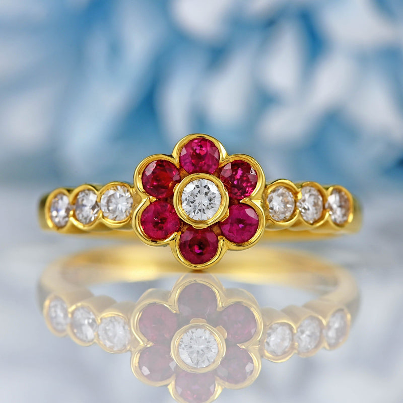 Ellibelle Jewellery Vintage 1994 Ruby & Diamond 18ct Gold Daisy Cluster Ring