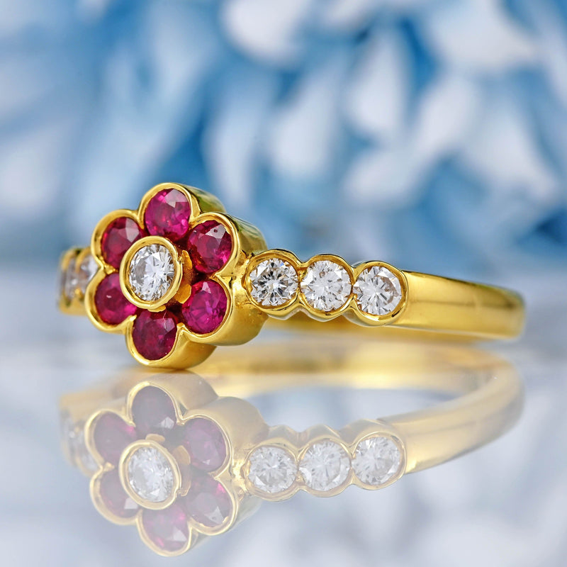 Ellibelle Jewellery Vintage 1994 Ruby & Diamond 18ct Gold Daisy Cluster Ring