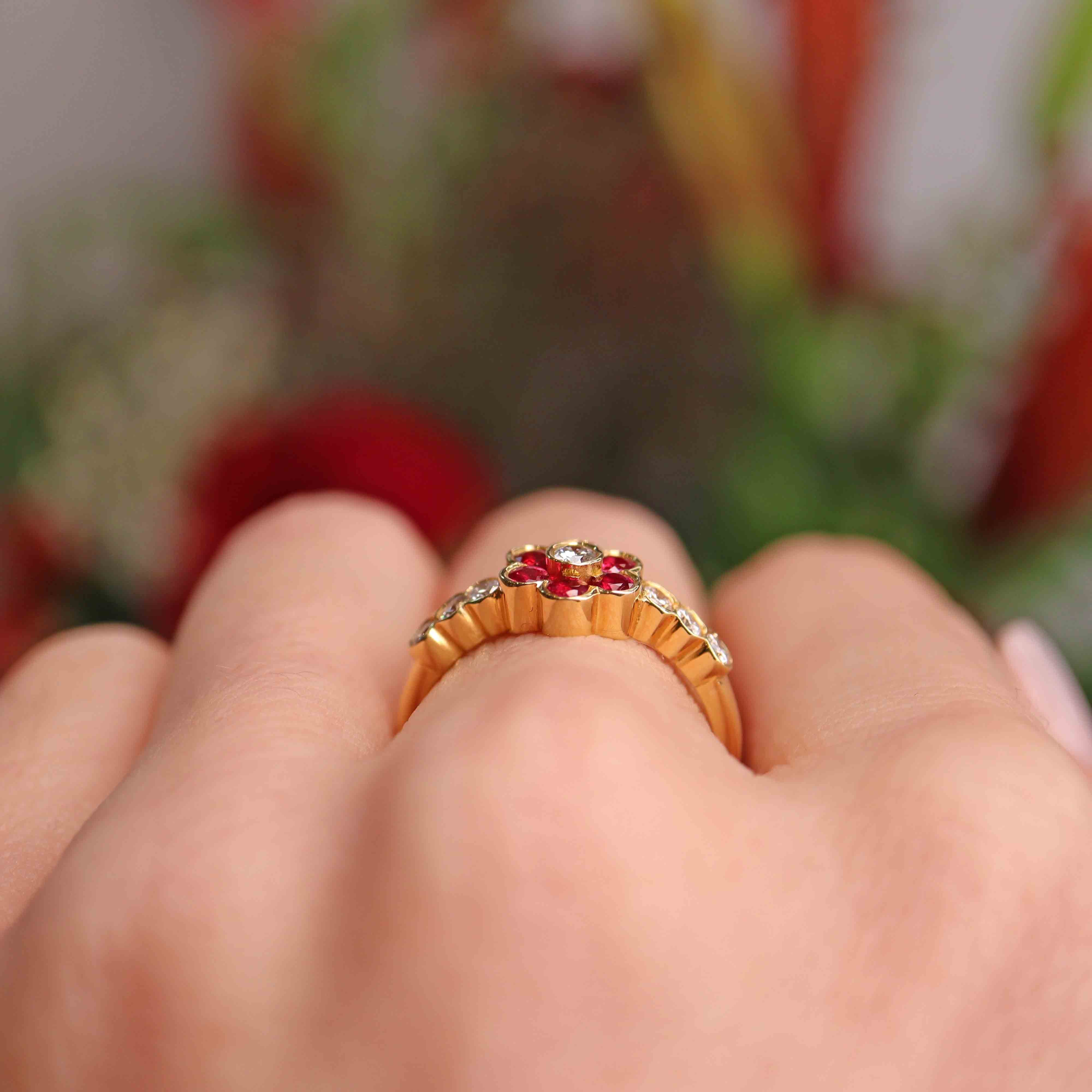 Ellibelle Jewellery Vintage 1994 Ruby & Diamond 18ct Gold Daisy Cluster Ring