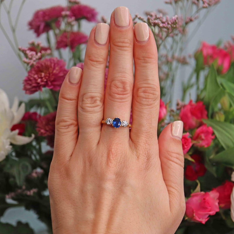 Ellibelle Jewellery Vintage 1994 Sapphire & Diamond 18ct Gold Three Stone Engagement Ring