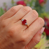 Ellibelle Jewellery Vintage 1994 Synthetic Ruby & Diamond Three Stone Trilogy Ring