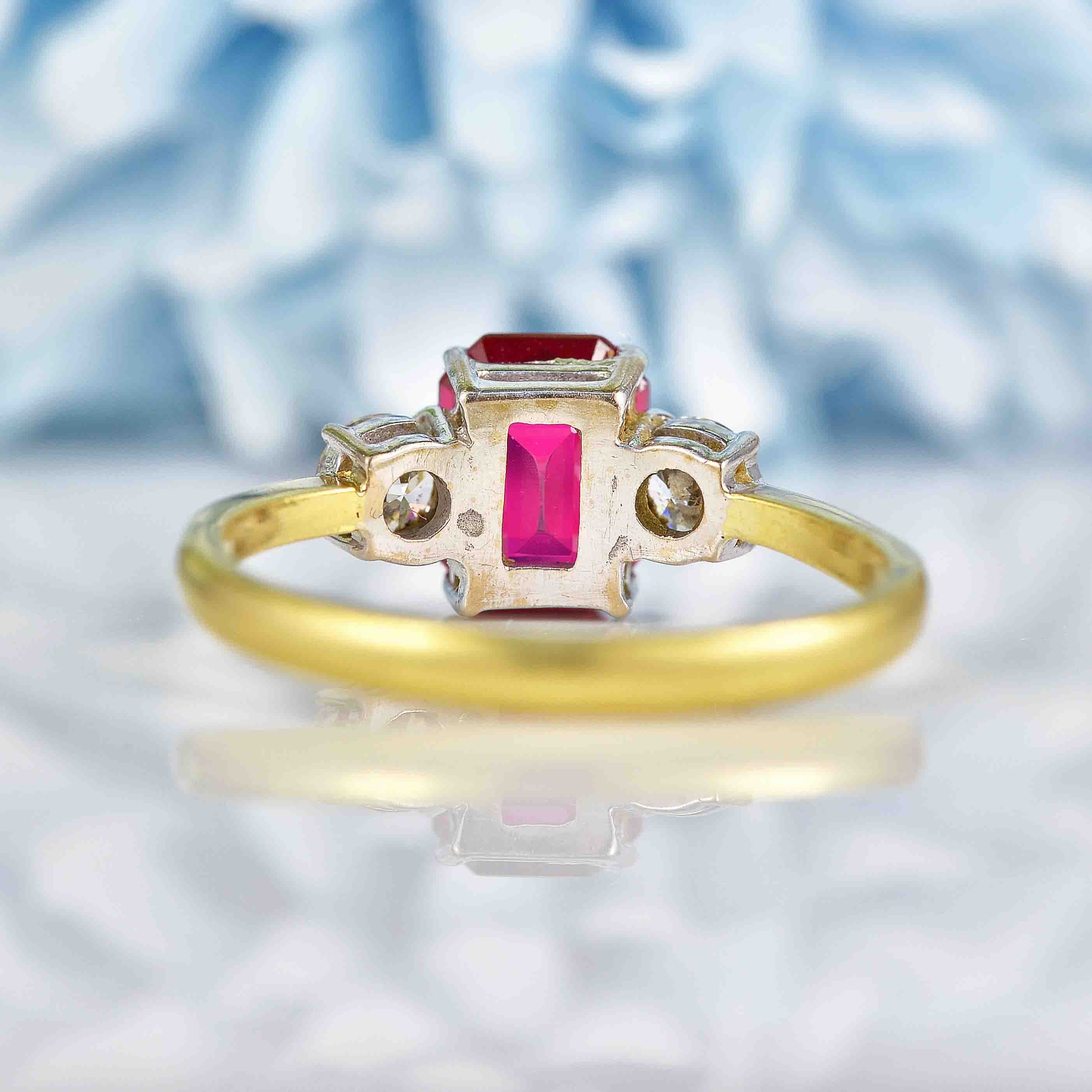 Ellibelle Jewellery Vintage 1994 Synthetic Ruby & Diamond Three Stone Trilogy Ring
