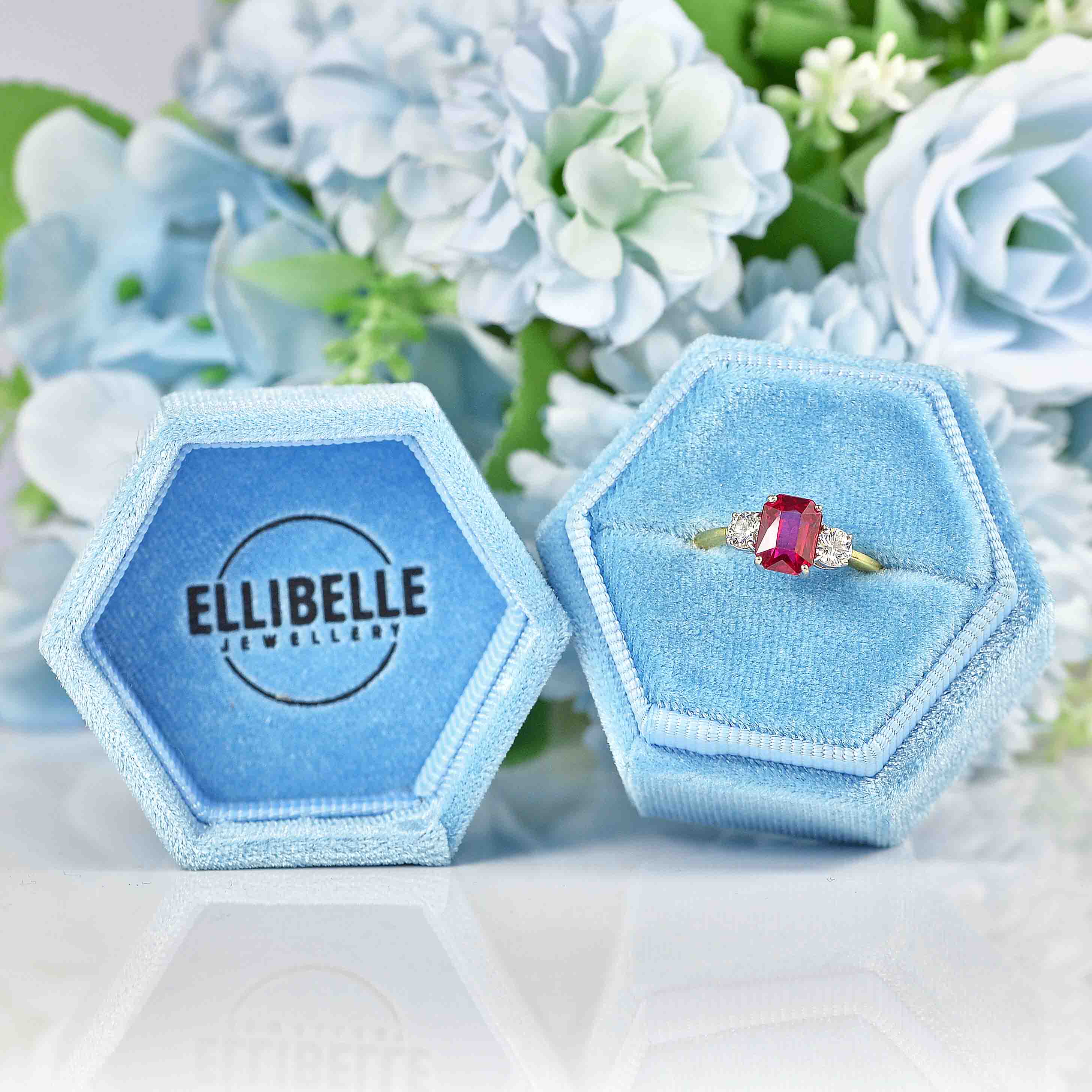 Ellibelle Jewellery Vintage 1994 Synthetic Ruby & Diamond Three Stone Trilogy Ring