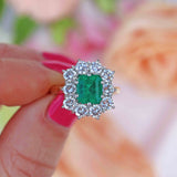 Ellibelle Jewellery Vintage 1995 Emerald & Diamond 18ct Gold Cluster Engagement Ring (1.82cts)
