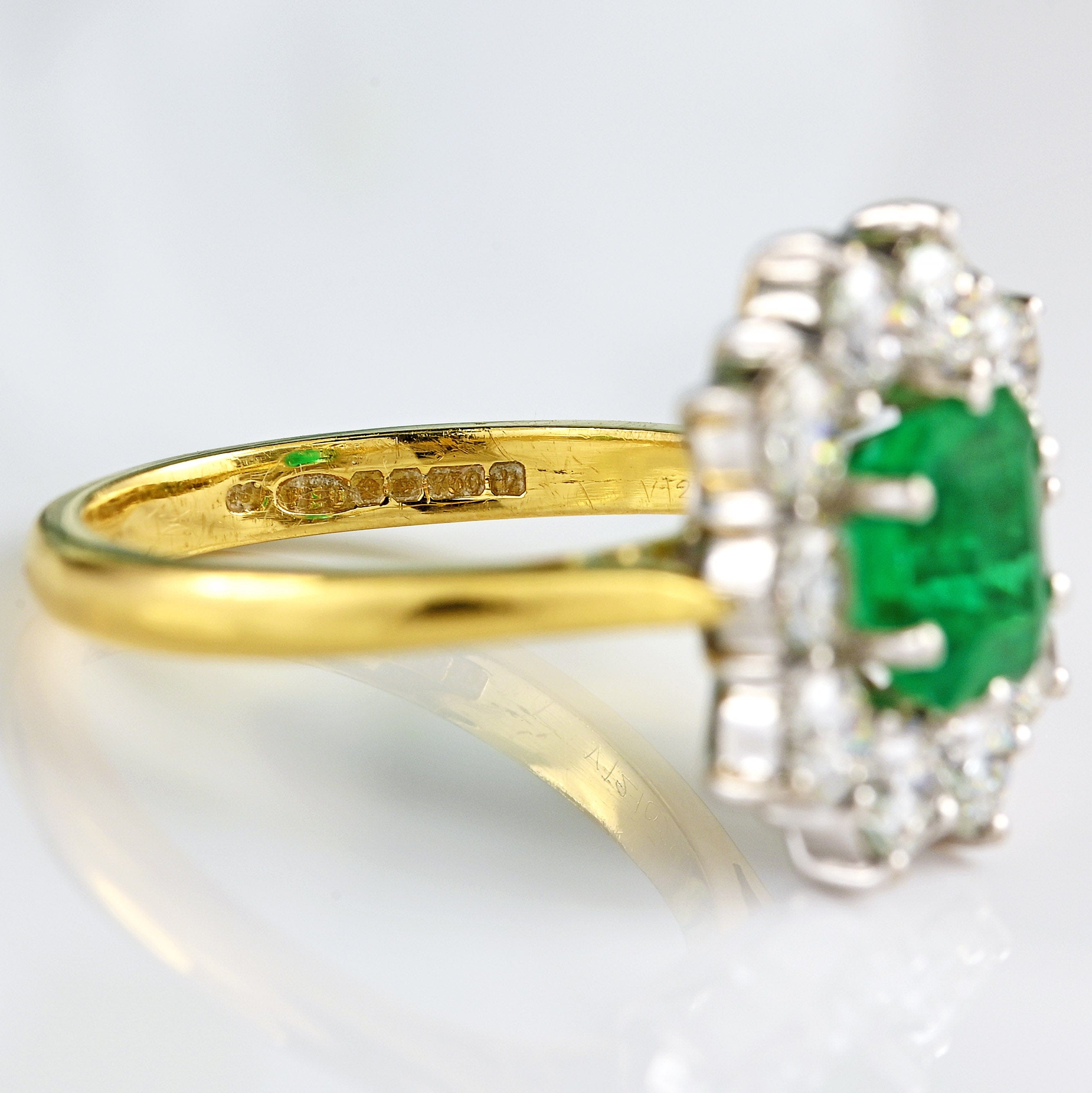 Ellibelle Jewellery Vintage 1995 Emerald & Diamond 18ct Gold Cluster Engagement Ring (1.82cts)