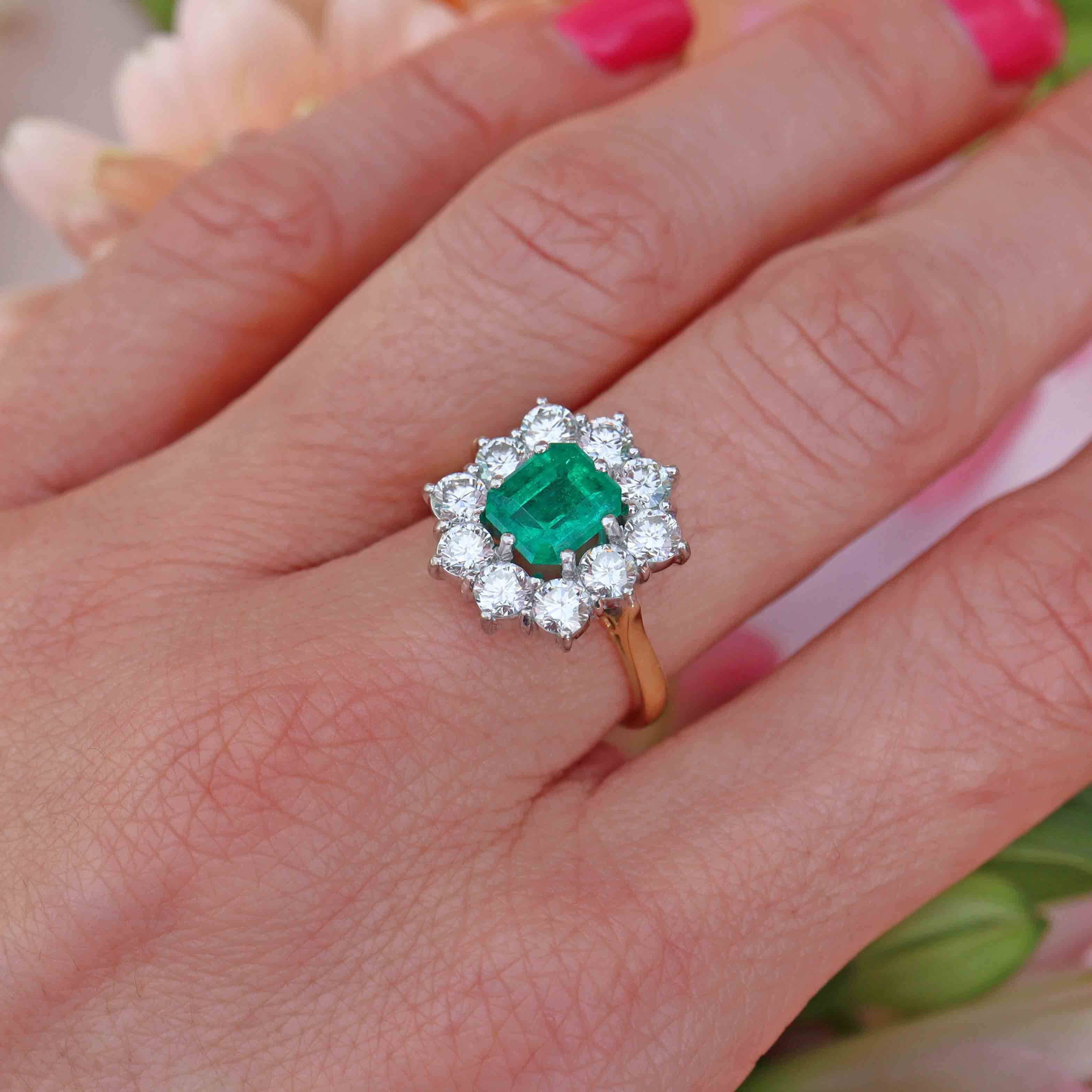 Ellibelle Jewellery Vintage 1995 Emerald & Diamond 18ct Gold Cluster Engagement Ring (1.82cts)