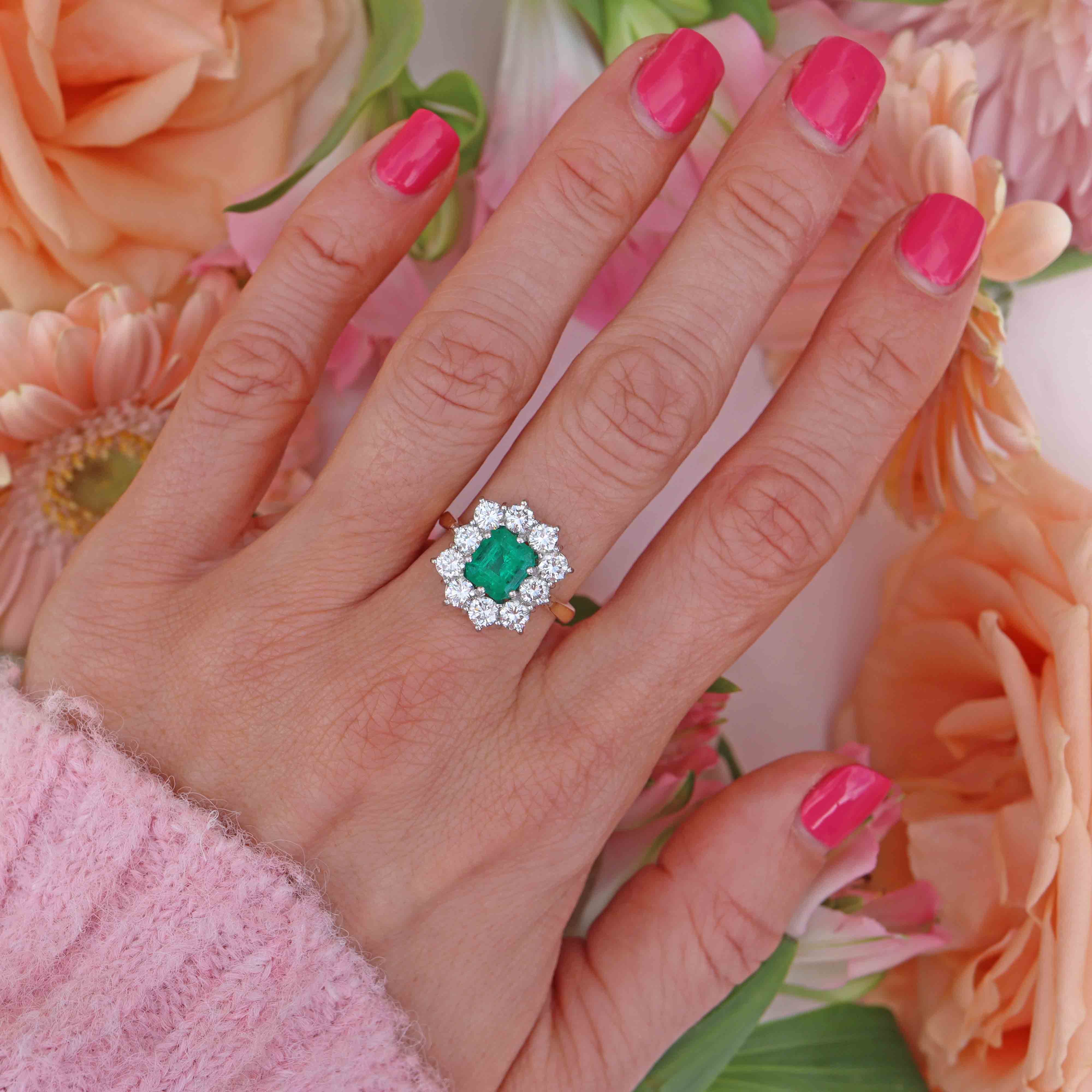 Ellibelle Jewellery Vintage 1995 Emerald & Diamond 18ct Gold Cluster Engagement Ring (1.82cts)