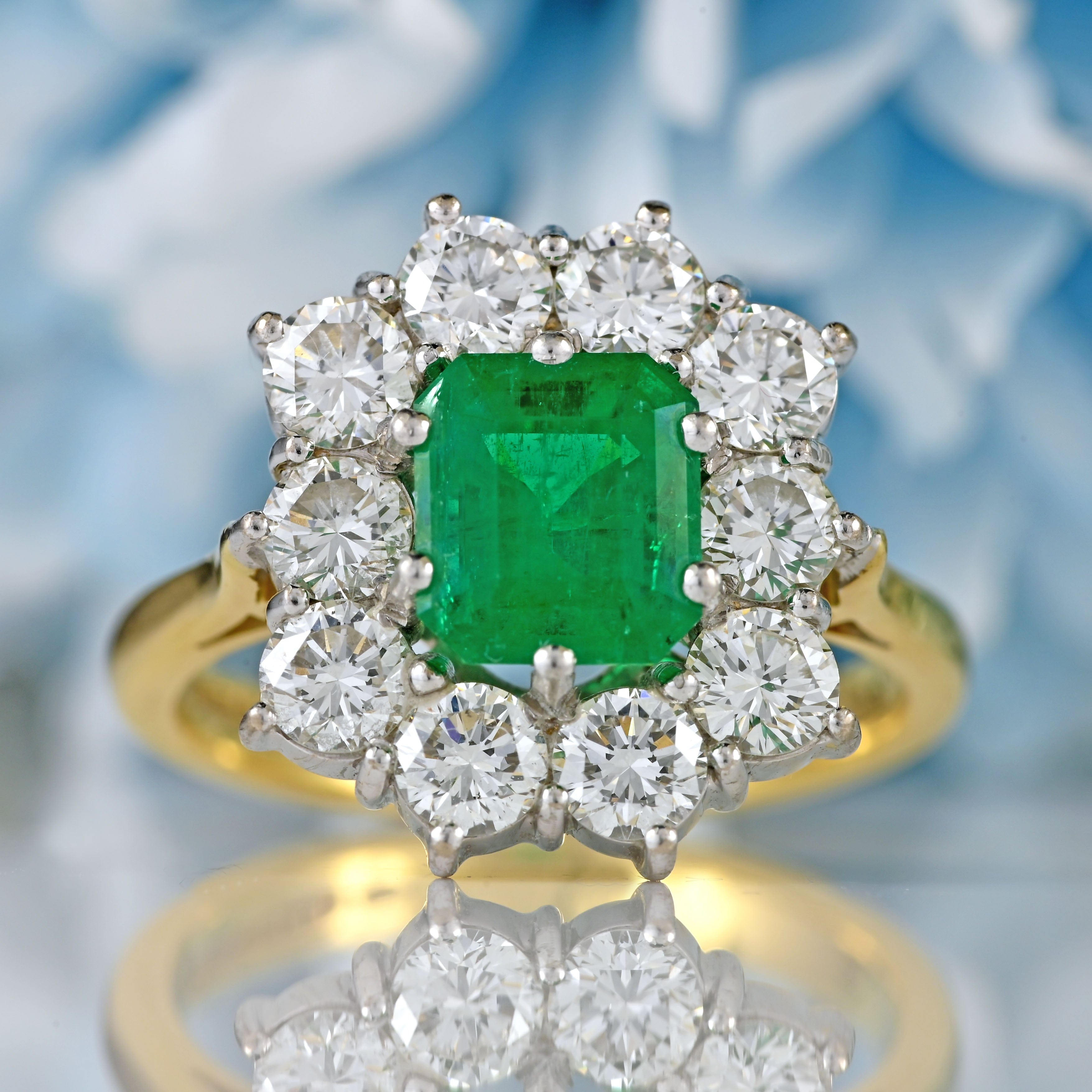 Ellibelle Jewellery Vintage 1995 Emerald & Diamond 18ct Gold Cluster Engagement Ring (1.82cts)