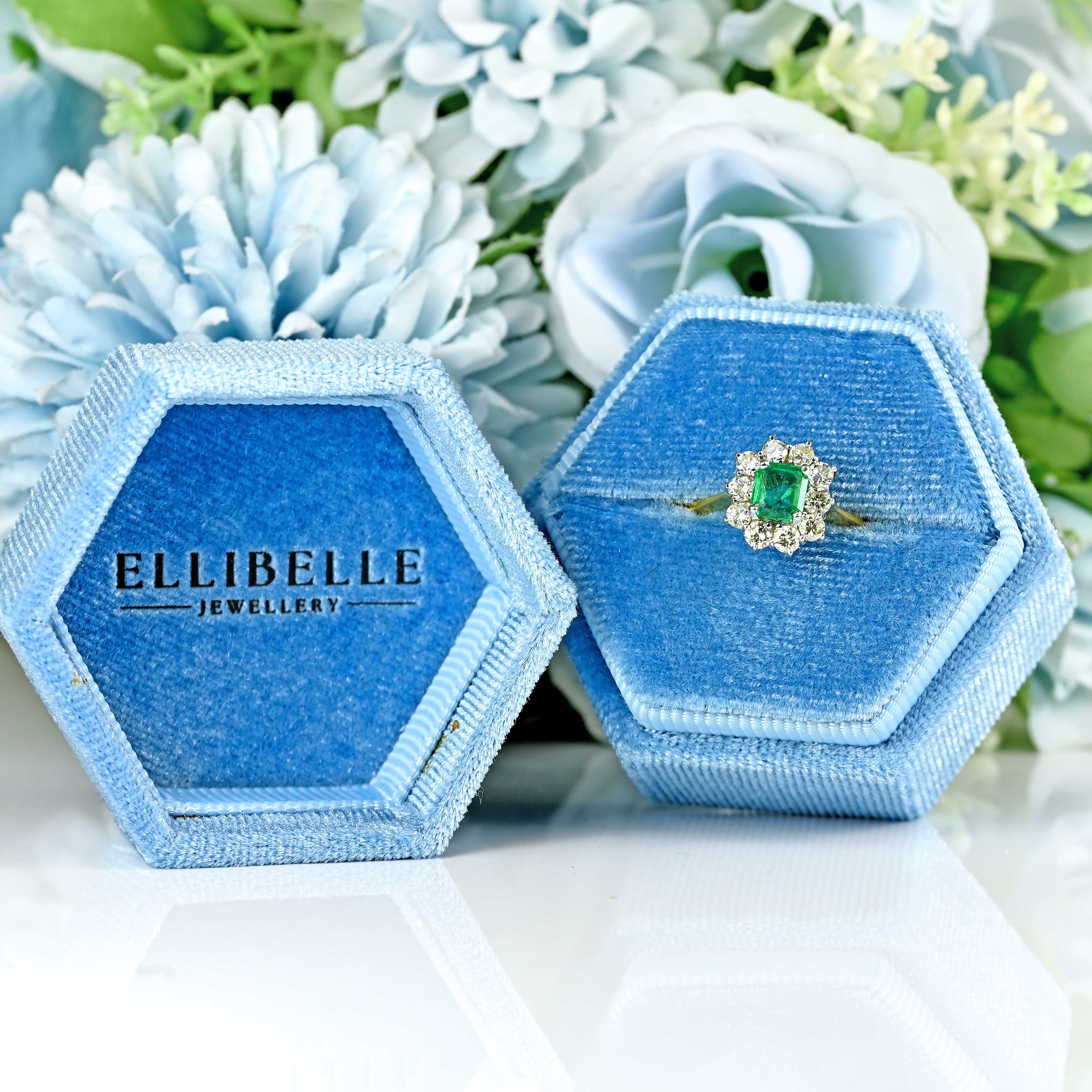 Ellibelle Jewellery Vintage 1995 Emerald & Diamond 18ct Gold Cluster Ring (0.50cts)