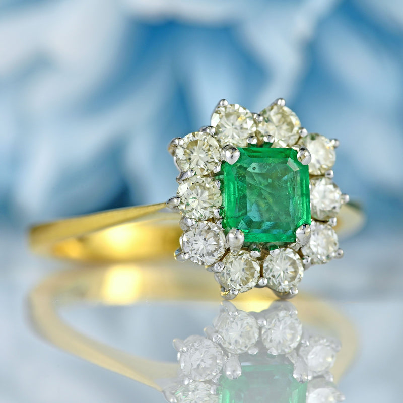 Ellibelle Jewellery Vintage 1995 Emerald & Diamond 18ct Gold Cluster Ring (0.50cts)