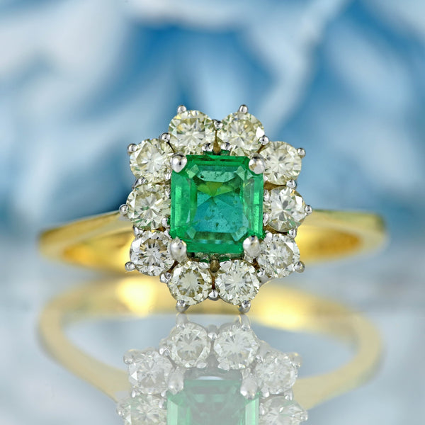 Ellibelle Jewellery Vintage 1995 Emerald & Diamond 18ct Gold Cluster Ring (0.50cts)