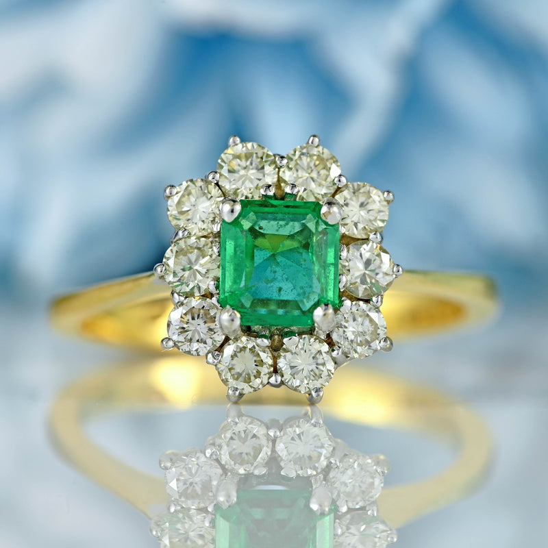 Ellibelle Jewellery Vintage 1995 Emerald & Diamond 18ct Gold Cluster Ring (0.50cts)