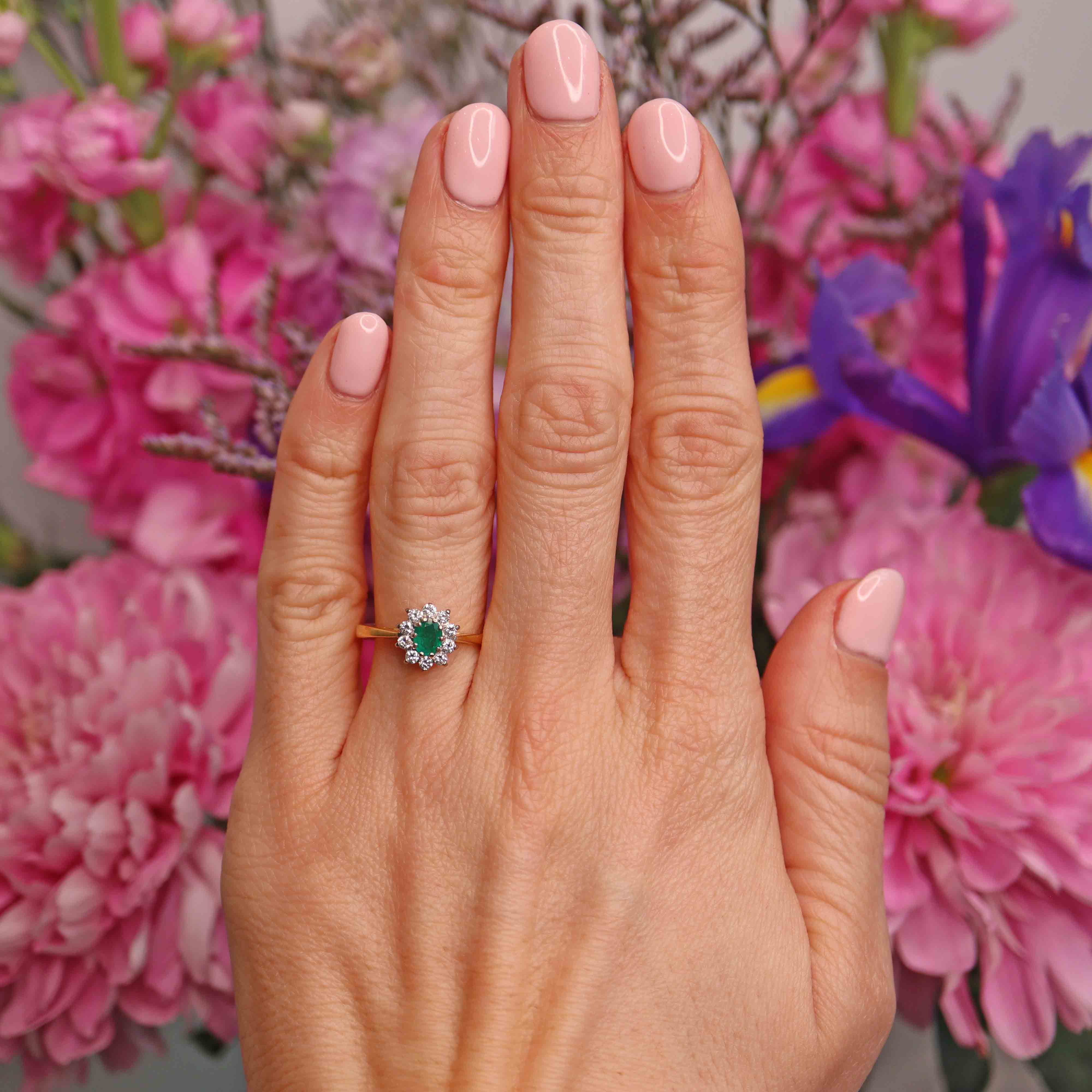 Ellibelle Jewellery Vintage 1995 Emerald & Diamond 18ct Gold Cluster Ring