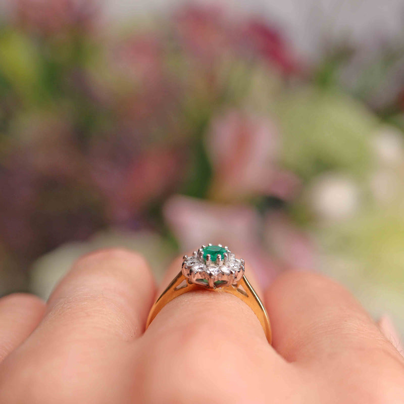 Ellibelle Jewellery Vintage 1995 Emerald & Diamond 18ct Gold Cluster Ring
