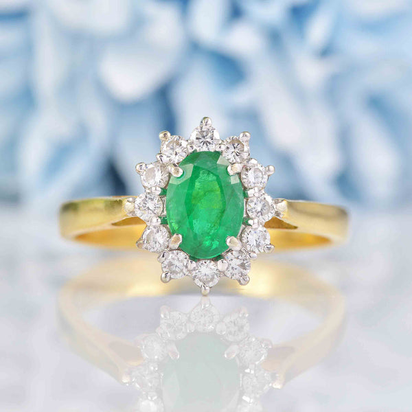 Ellibelle Jewellery Vintage 1995 Emerald & Diamond 18ct Gold Cluster Ring