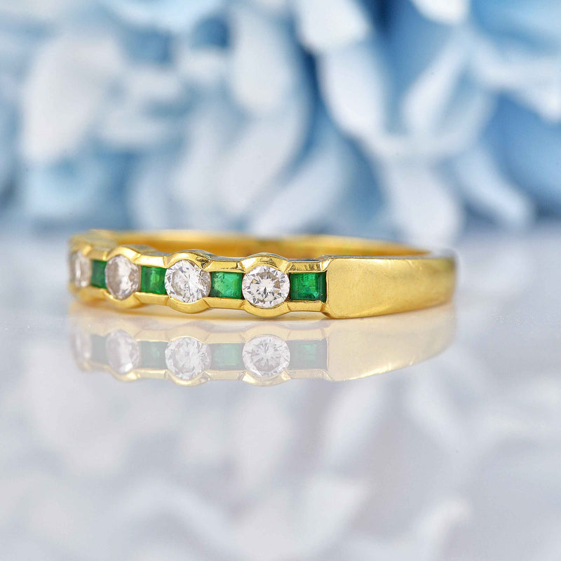 Ellibelle Jewellery Vintage 1995 Emerald & Diamond 18ct Gold Half-Eternity Band Ring