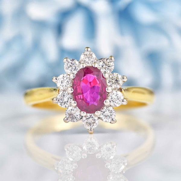 Ellibelle Jewellery Vintage 1995 Ruby & Diamond 18ct Gold Cluster Engagement Ring