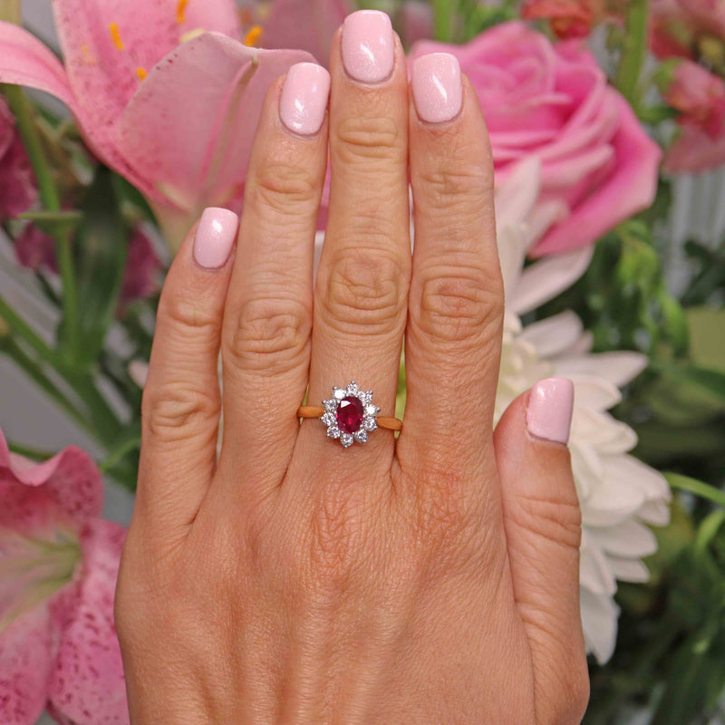 Ellibelle Jewellery Vintage 1995 Ruby & Diamond 18ct Gold Cluster Engagement Ring