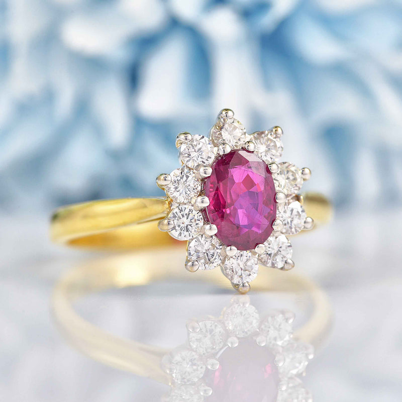 Ellibelle Jewellery Vintage 1995 Ruby & Diamond 18ct Gold Cluster Engagement Ring