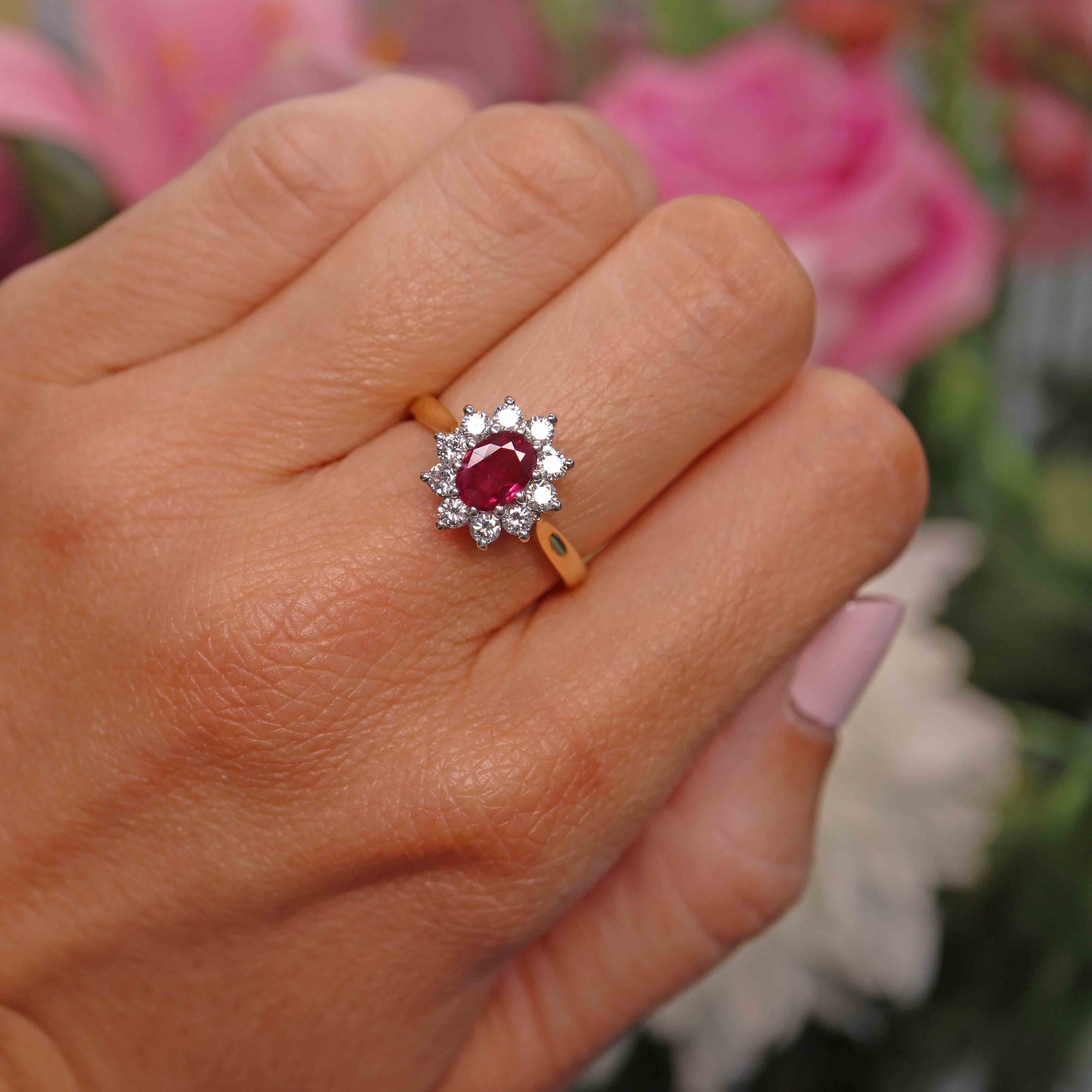 Ellibelle Jewellery Vintage 1995 Ruby & Diamond 18ct Gold Cluster Engagement Ring