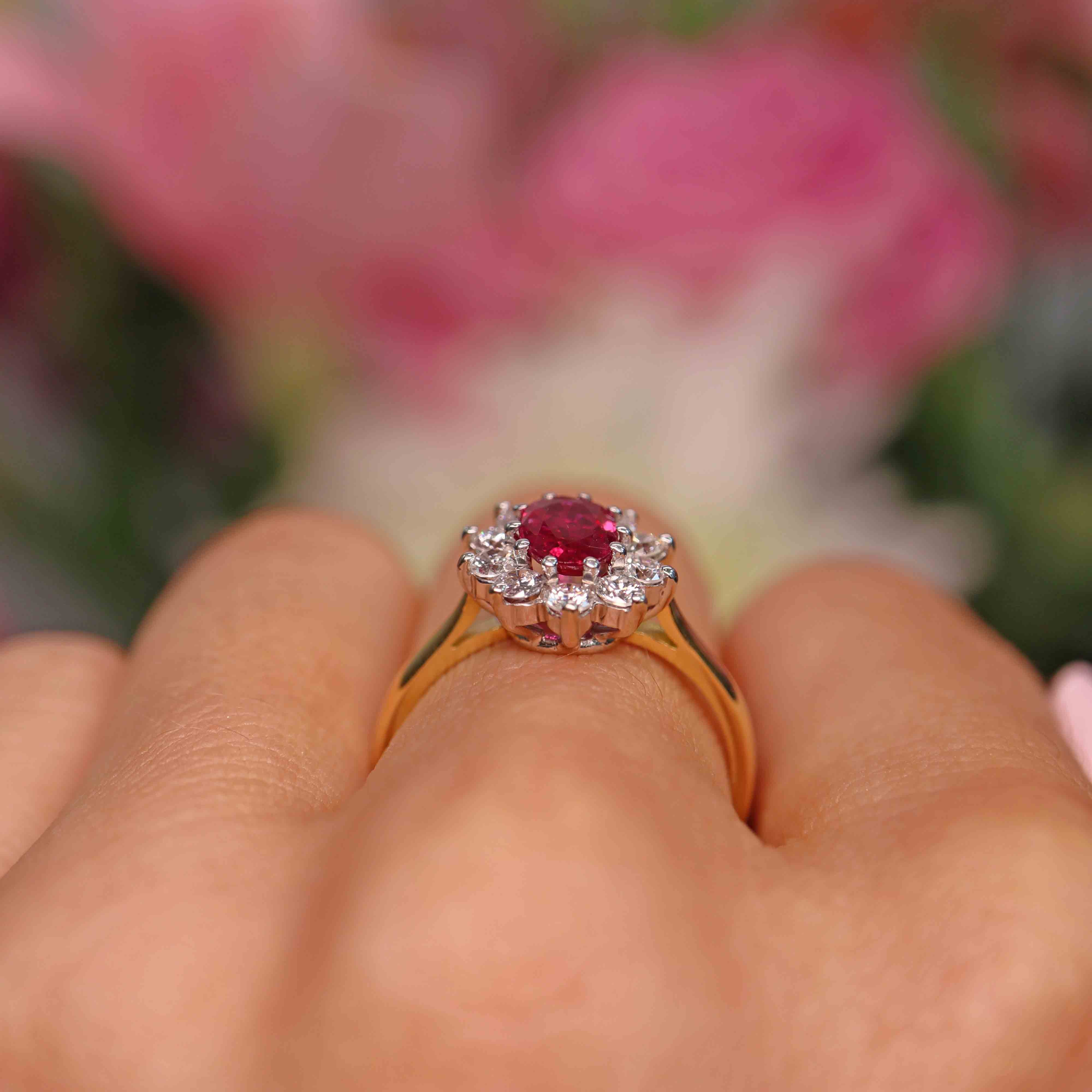 Ellibelle Jewellery Vintage 1995 Ruby & Diamond 18ct Gold Cluster Engagement Ring