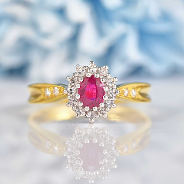 Ellibelle Jewellery Vintage 1995 Ruby & Diamond 18ct Gold Cluster Ring