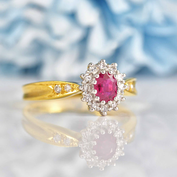 Ellibelle Jewellery Vintage 1995 Ruby & Diamond 18ct Gold Cluster Ring