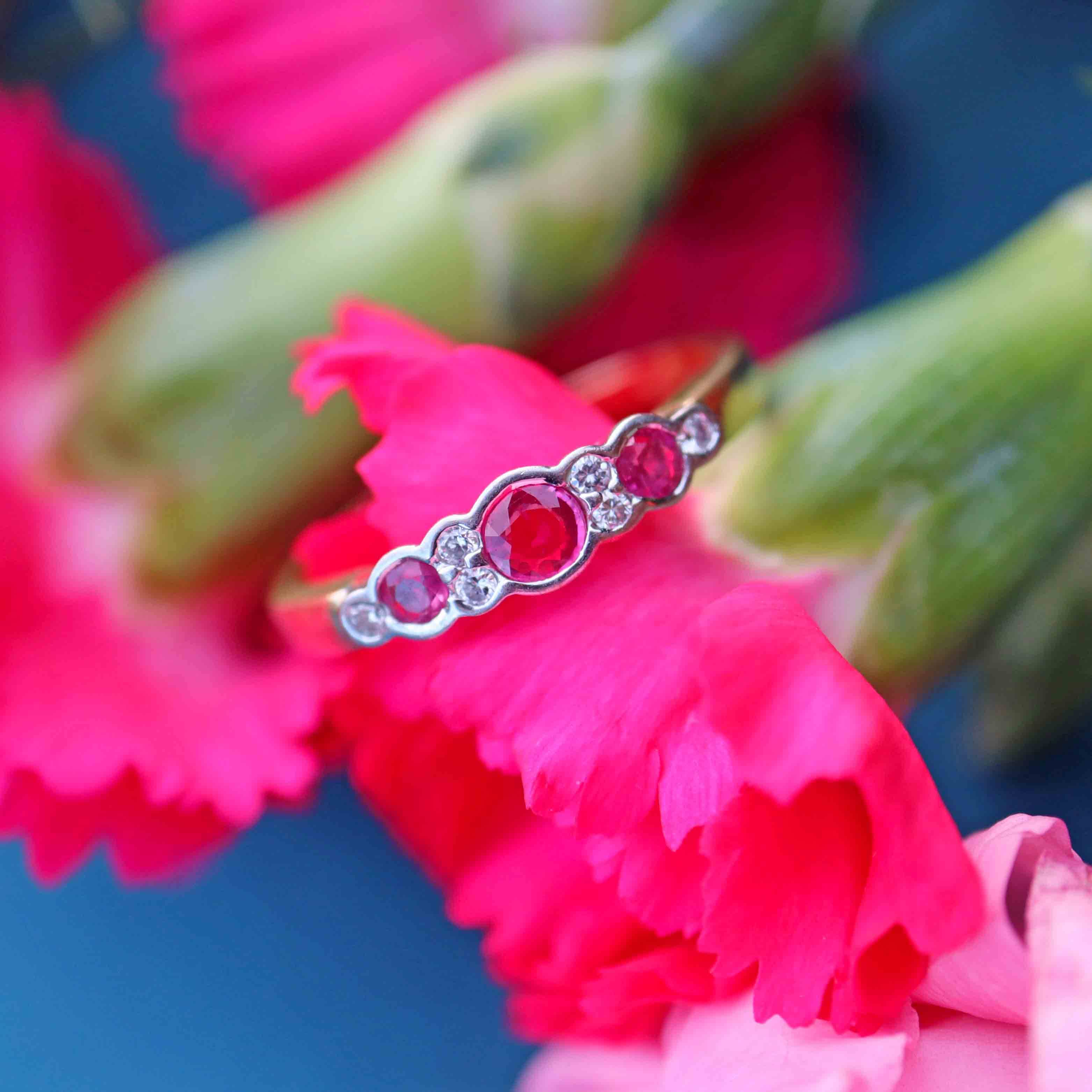 Ellibelle Jewellery Vintage 1995 Ruby & Diamond 18ct Gold Nine-Stone Bezel Ring