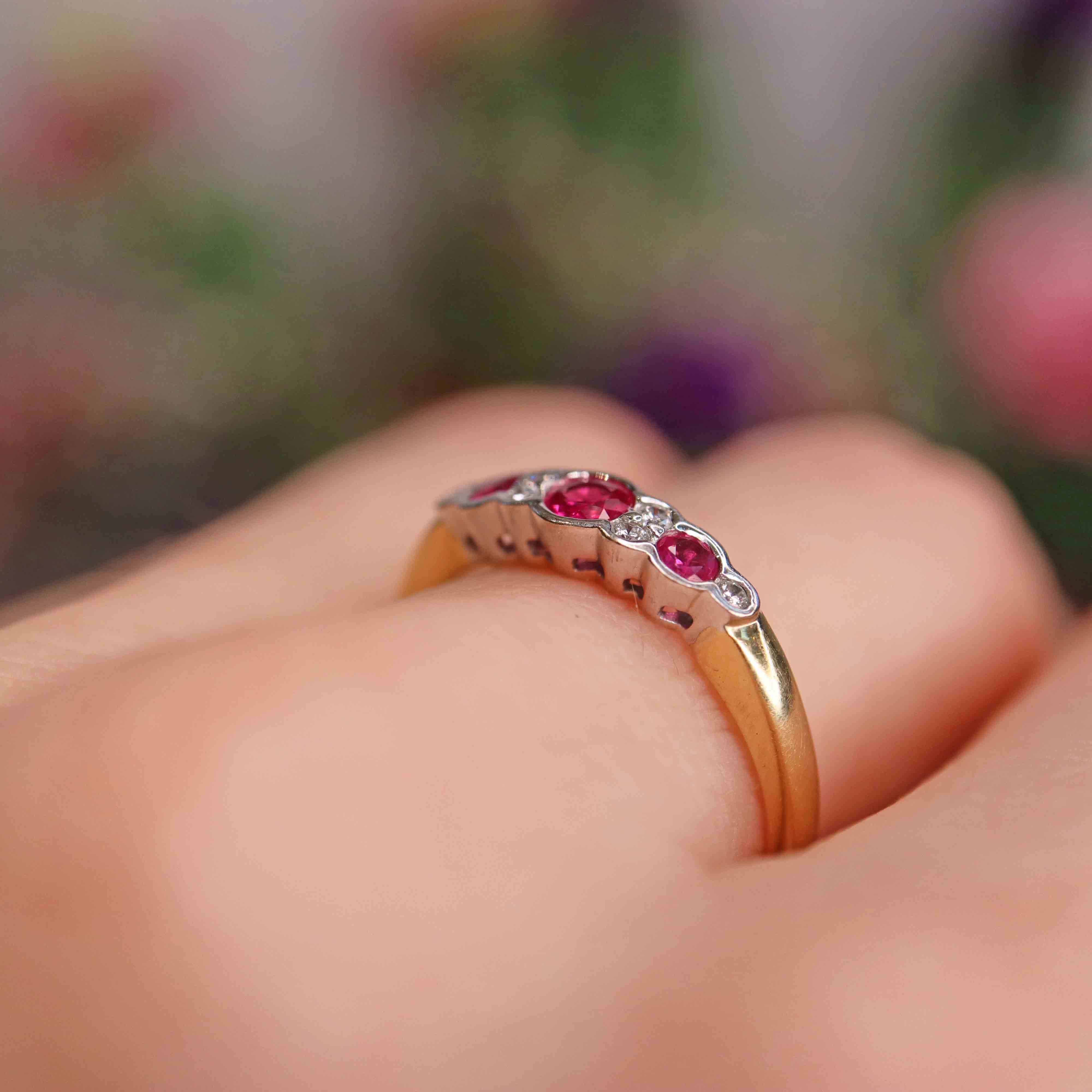 Ellibelle Jewellery Vintage 1995 Ruby & Diamond 18ct Gold Nine-Stone Bezel Ring