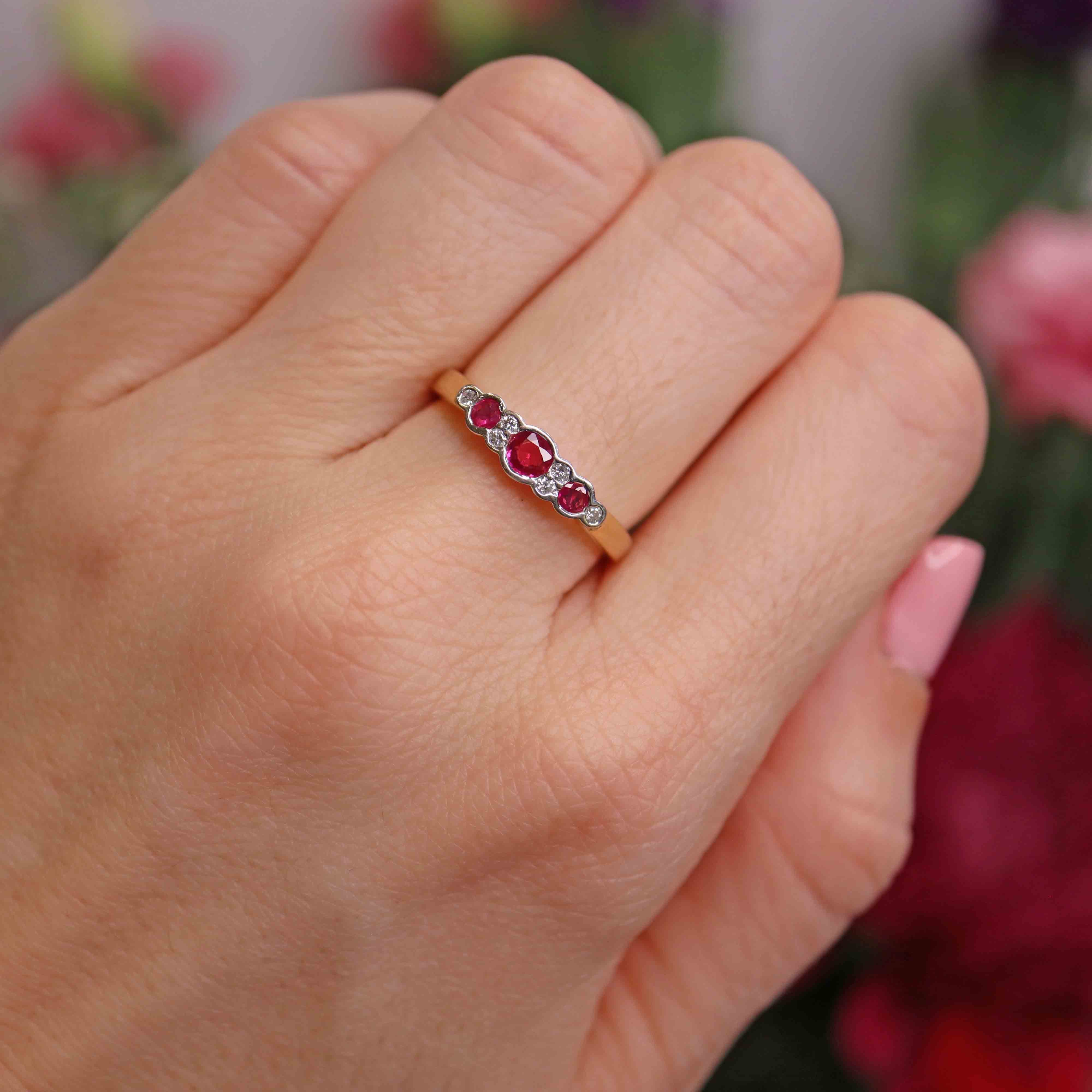 Ellibelle Jewellery Vintage 1995 Ruby & Diamond 18ct Gold Nine-Stone Bezel Ring