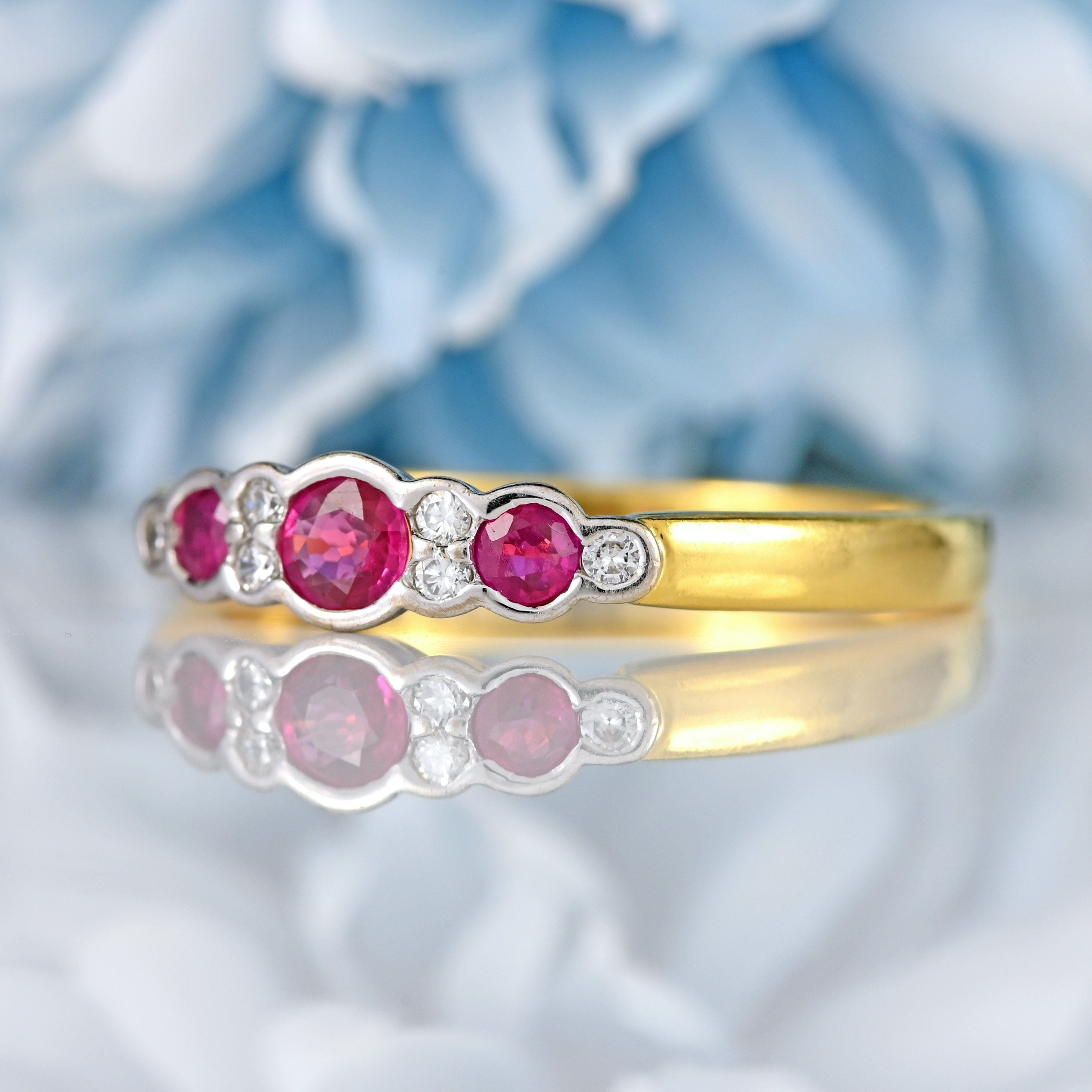 Ellibelle Jewellery Vintage 1995 Ruby & Diamond 18ct Gold Nine-Stone Bezel Ring