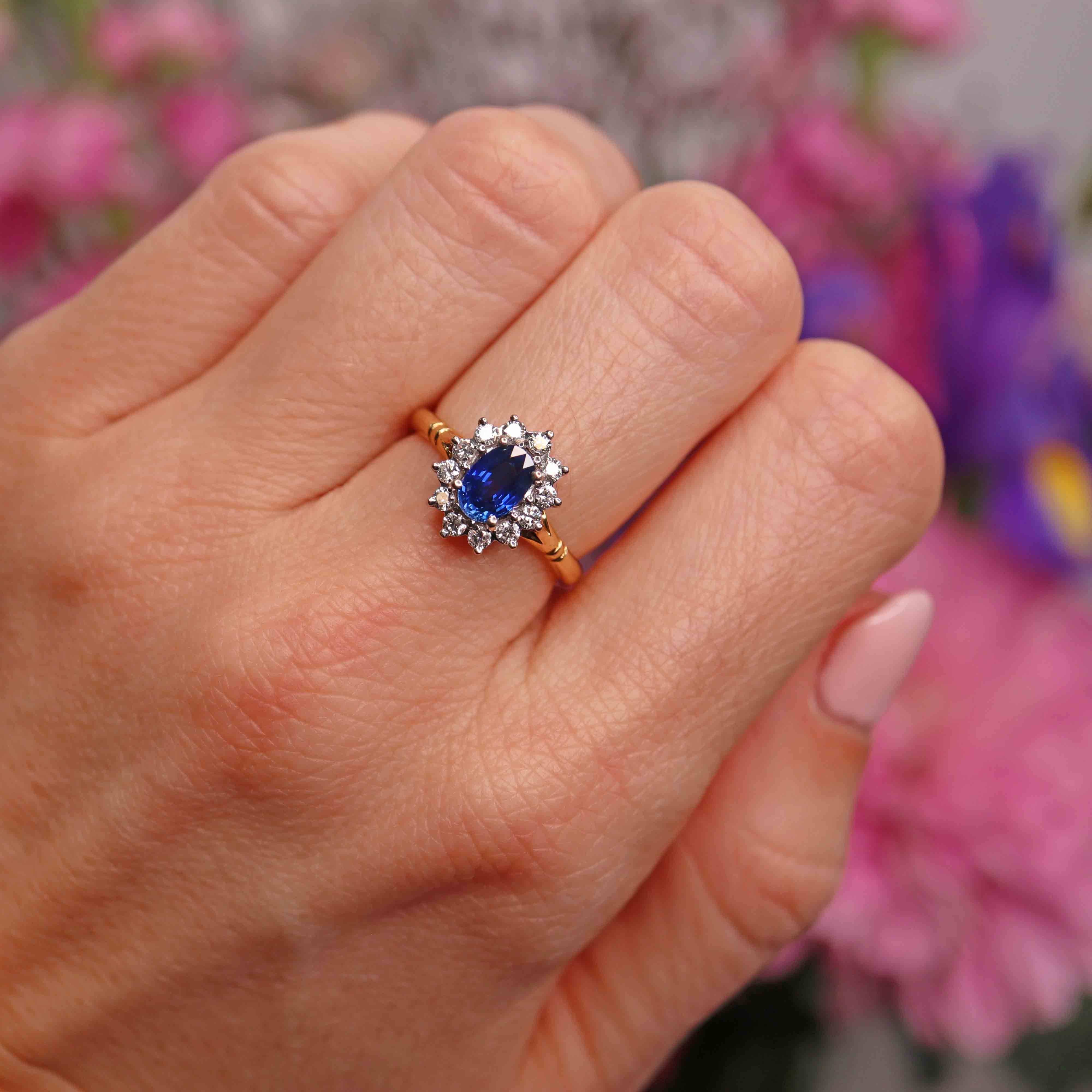 Ellibelle Jewellery Vintage 1995 Sapphire & Diamond 18ct Gold Cluster Engagement Ring