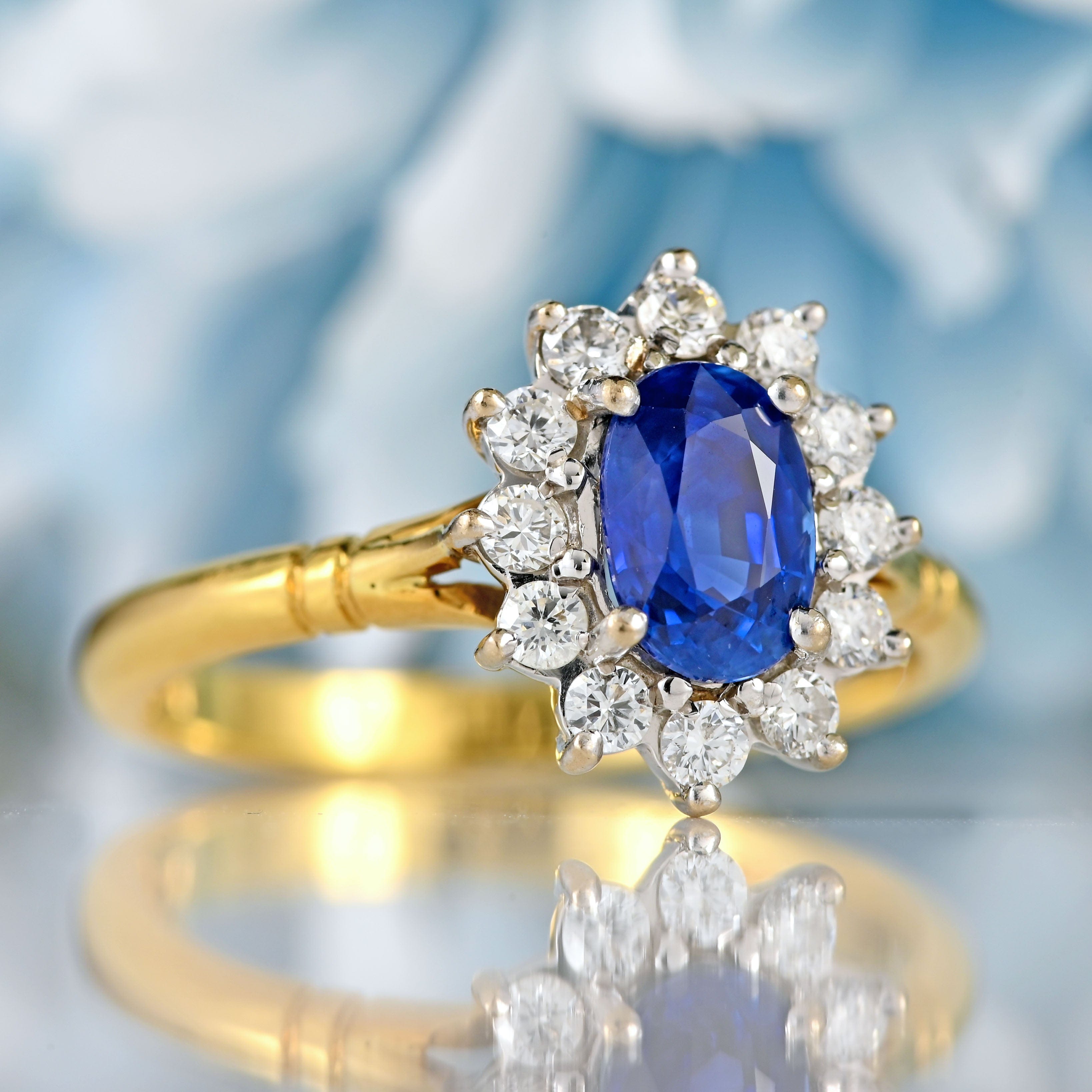 Ellibelle Jewellery Vintage 1995 Sapphire & Diamond 18ct Gold Cluster Engagement Ring