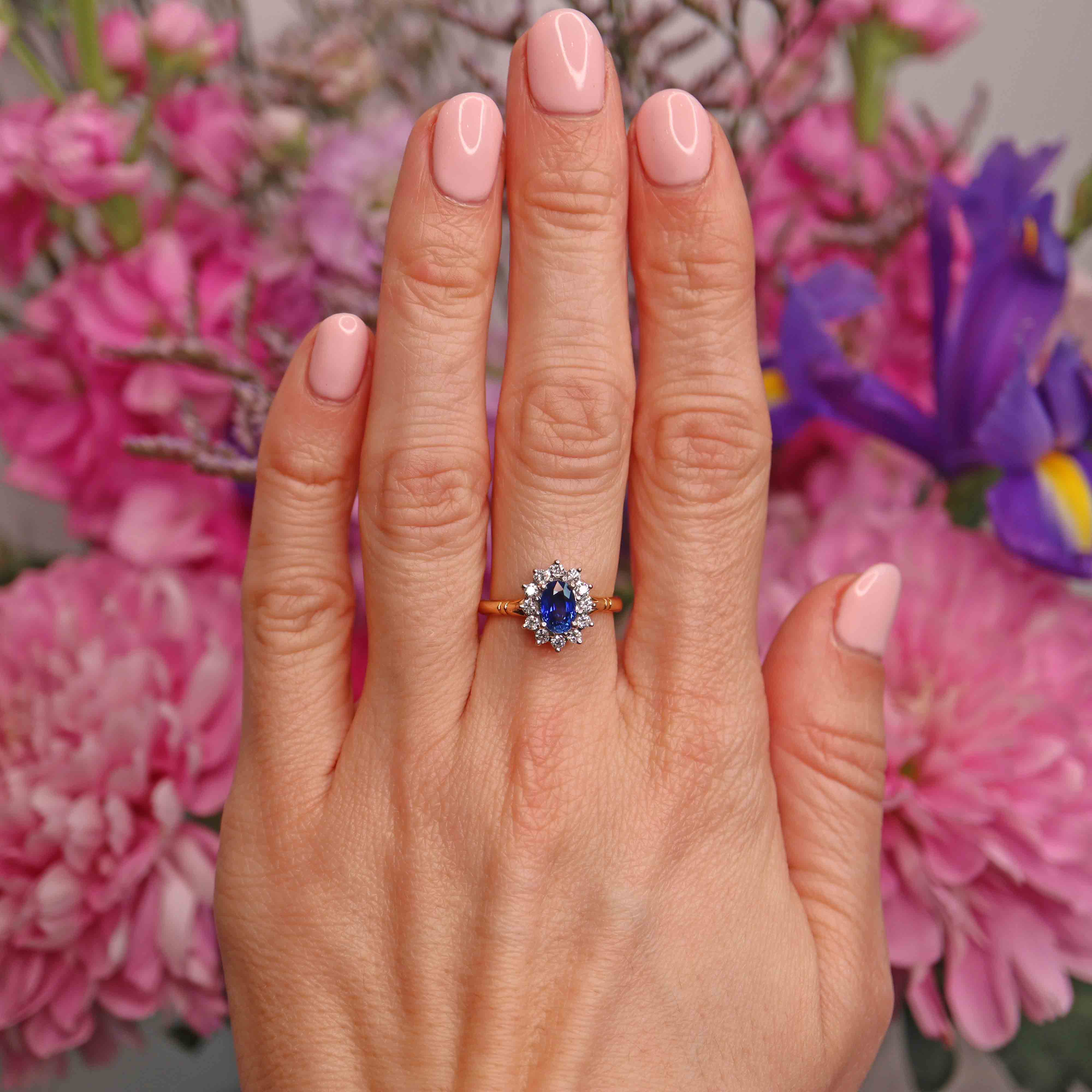 Ellibelle Jewellery Vintage 1995 Sapphire & Diamond 18ct Gold Cluster Engagement Ring