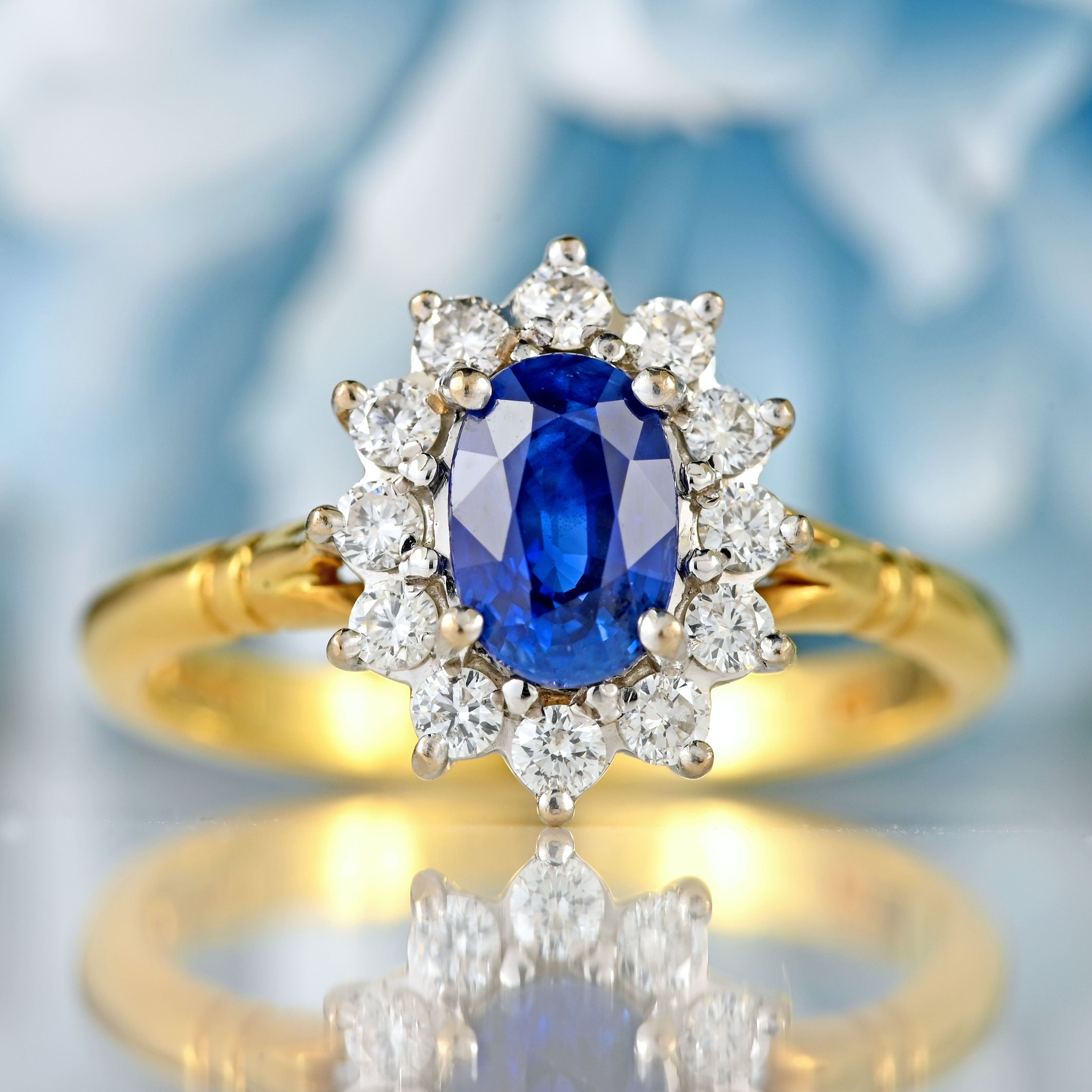 Ellibelle Jewellery Vintage 1995 Sapphire & Diamond 18ct Gold Cluster Engagement Ring