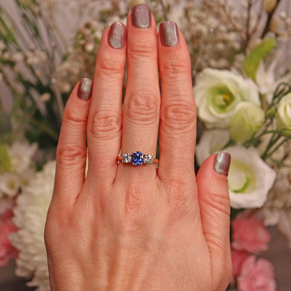 Ellibelle Jewellery Vintage 1995 Sapphire & Diamond 18ct Gold Three-Stone Engagement Ring