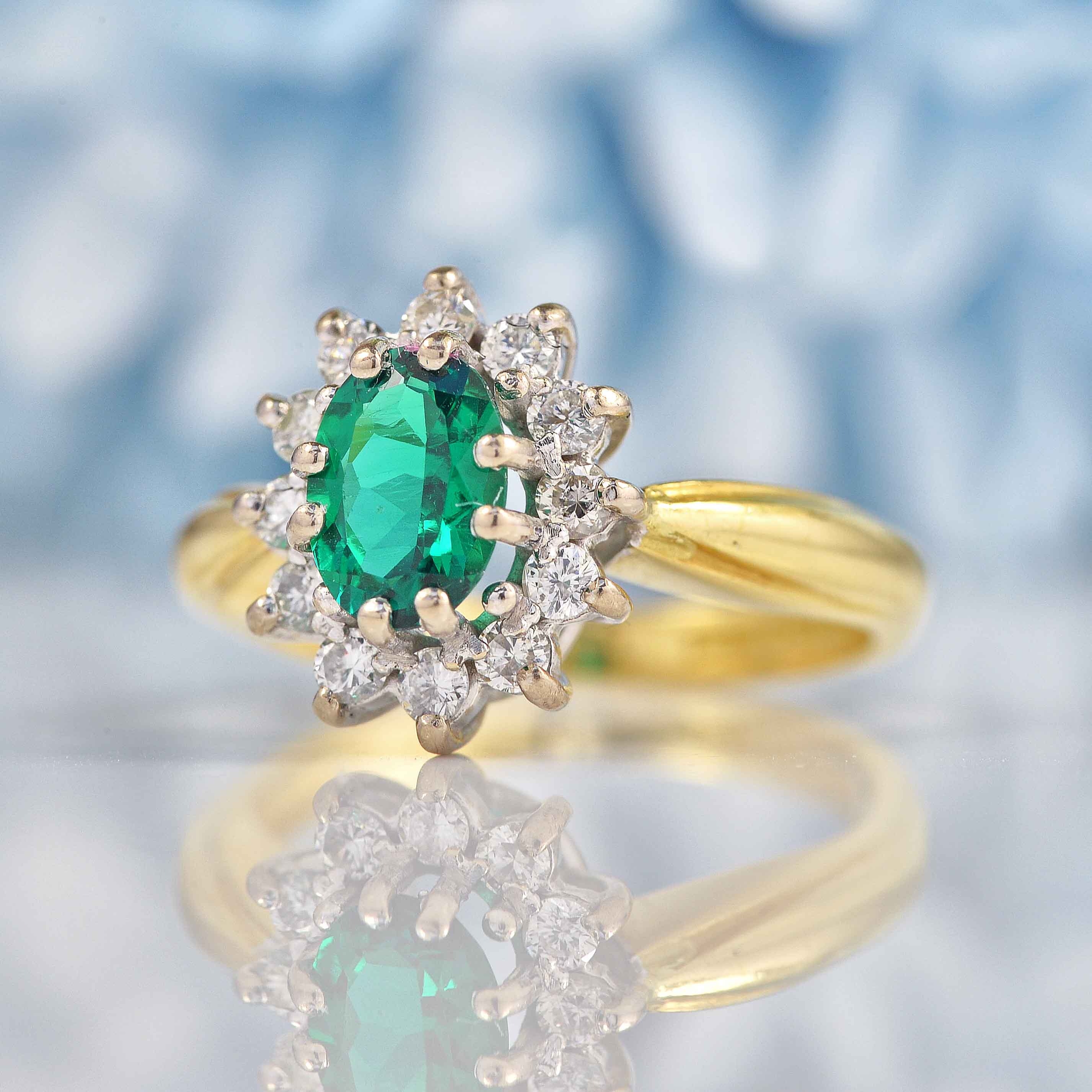 Ellibelle Jewellery Vintage 1995 Synthetic Emerald & Diamond Cluster Ring