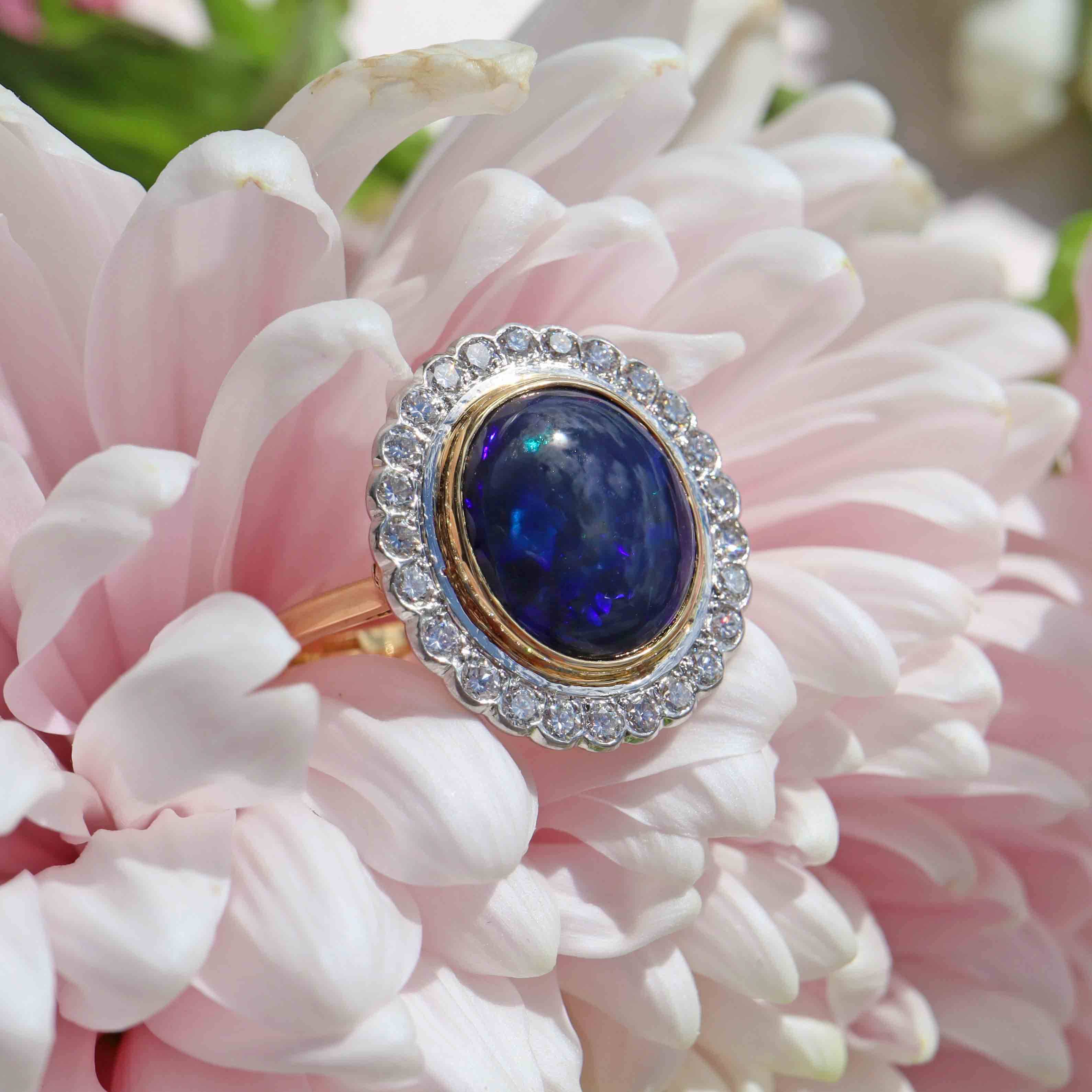 Ellibelle Jewellery Vintage 1996 Black Opal & Diamond 18ct Gold Cluster Ring
