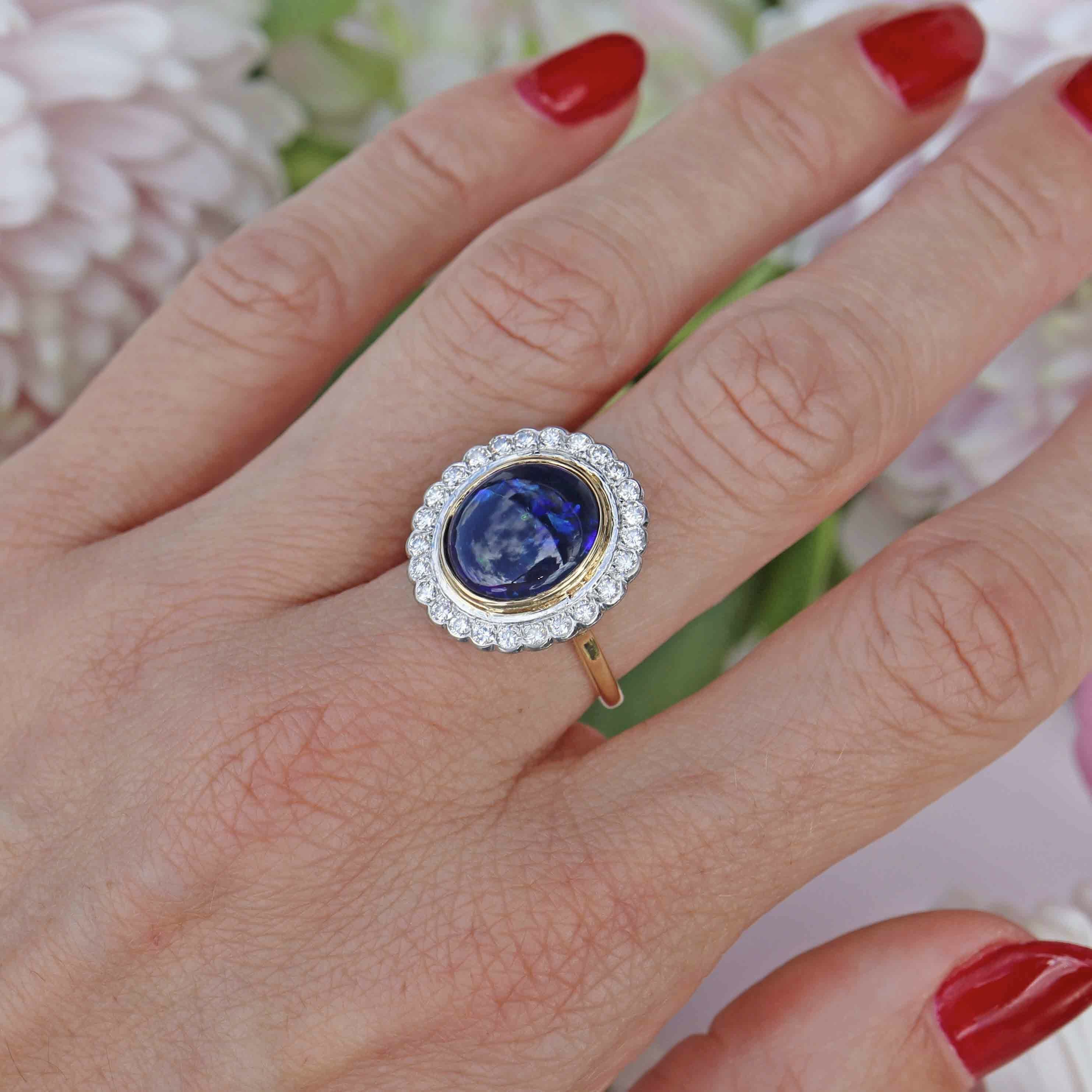 Ellibelle Jewellery Vintage 1996 Black Opal & Diamond 18ct Gold Cluster Ring