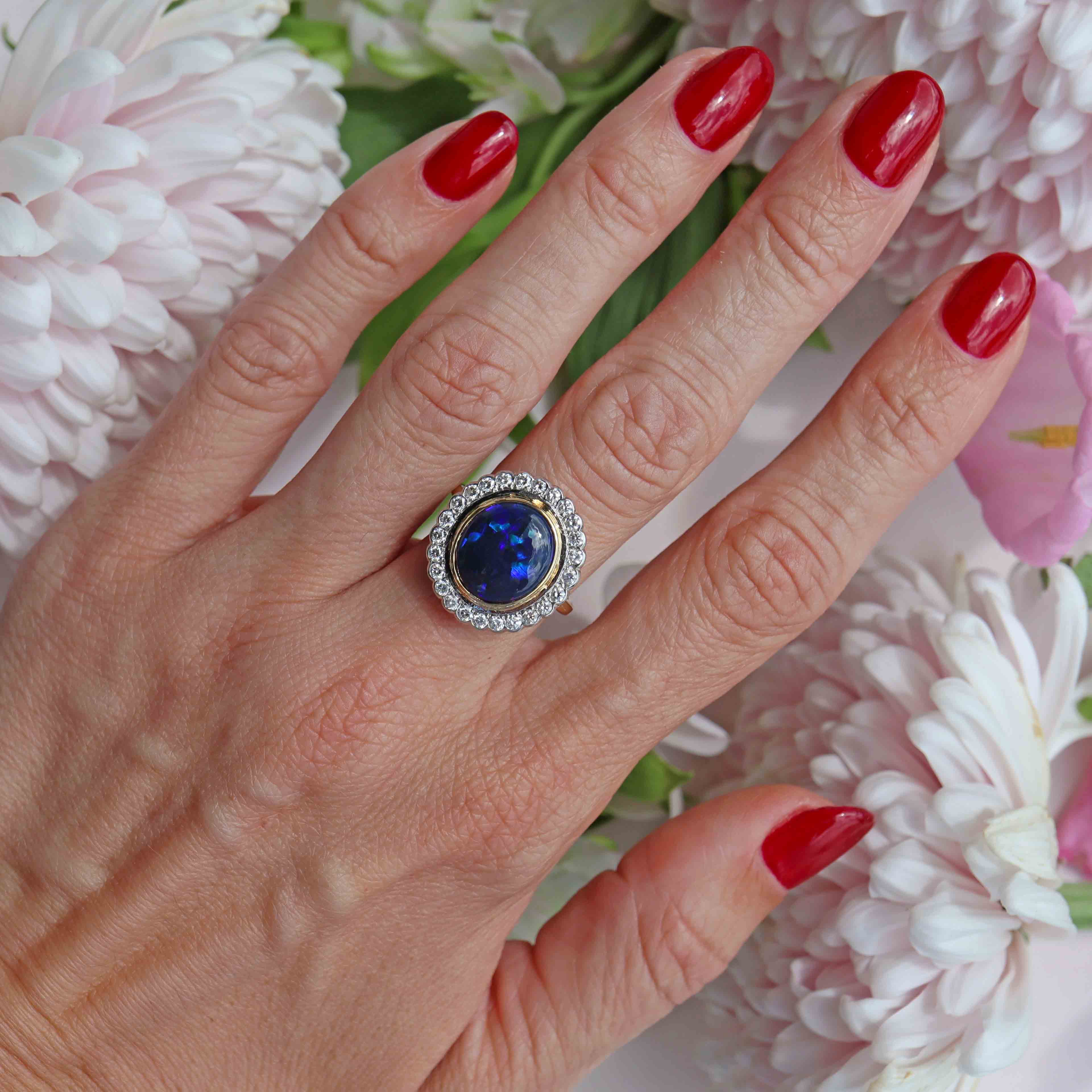 Ellibelle Jewellery Vintage 1996 Black Opal & Diamond 18ct Gold Cluster Ring