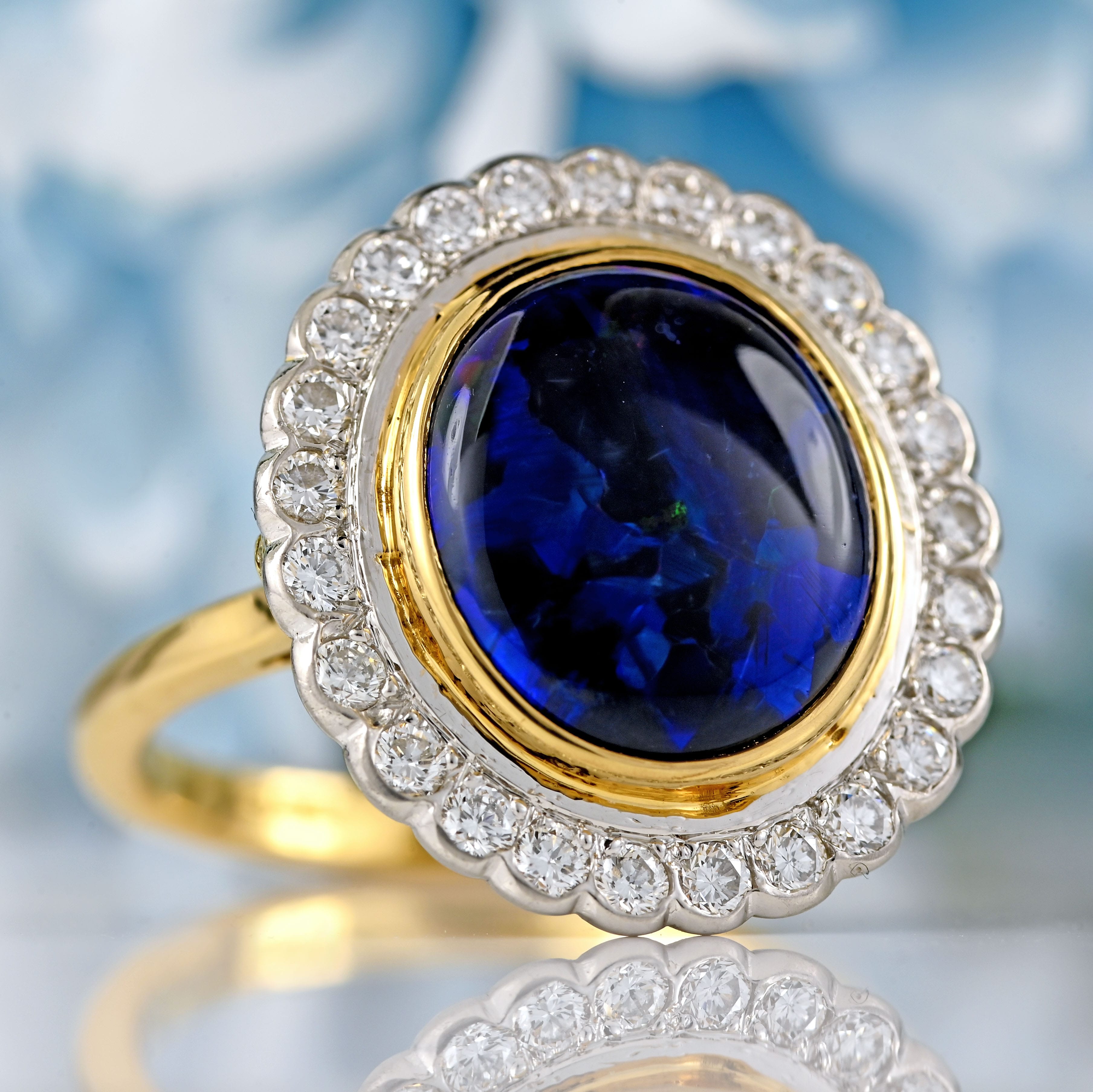 Ellibelle Jewellery Vintage 1996 Black Opal & Diamond 18ct Gold Cluster Ring