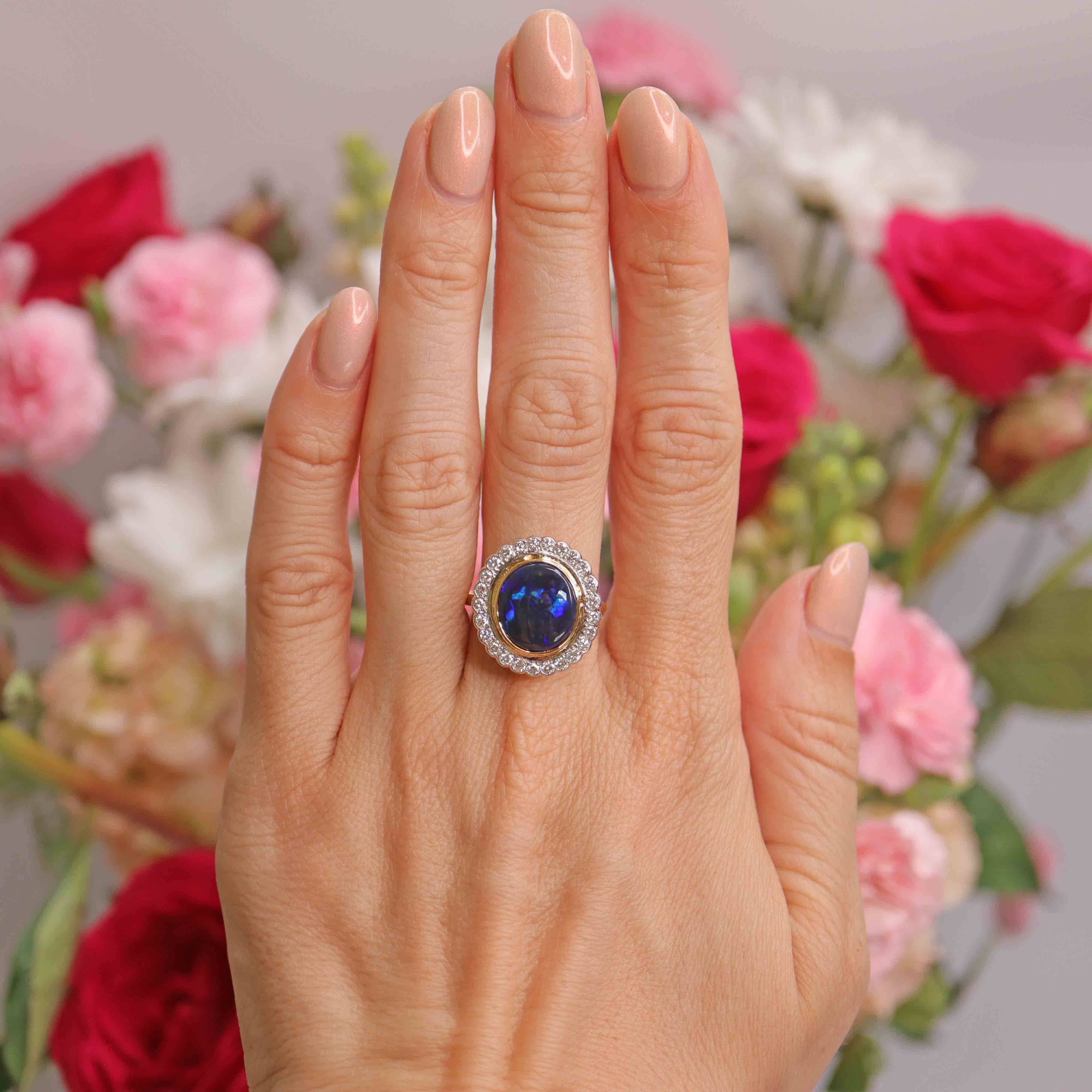Ellibelle Jewellery Vintage 1996 Black Opal & Diamond 18ct Gold Cluster Ring