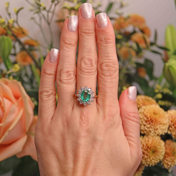 Ellibelle Jewellery Vintage 1996 Emerald & Diamond 18ct Gold Cluster Engagement Ring