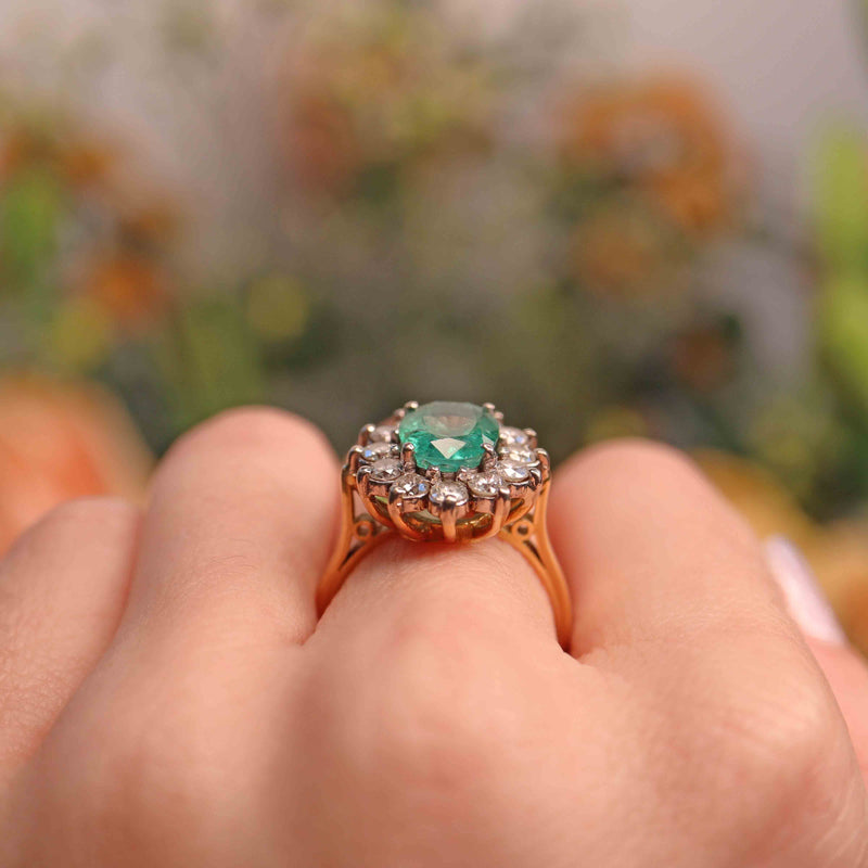 Ellibelle Jewellery Vintage 1996 Emerald & Diamond 18ct Gold Cluster Engagement Ring