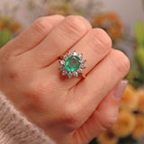 Ellibelle Jewellery Vintage 1996 Emerald & Diamond 18ct Gold Cluster Engagement Ring