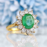 Ellibelle Jewellery Vintage 1996 Emerald & Diamond 18ct Gold Cluster Engagement Ring